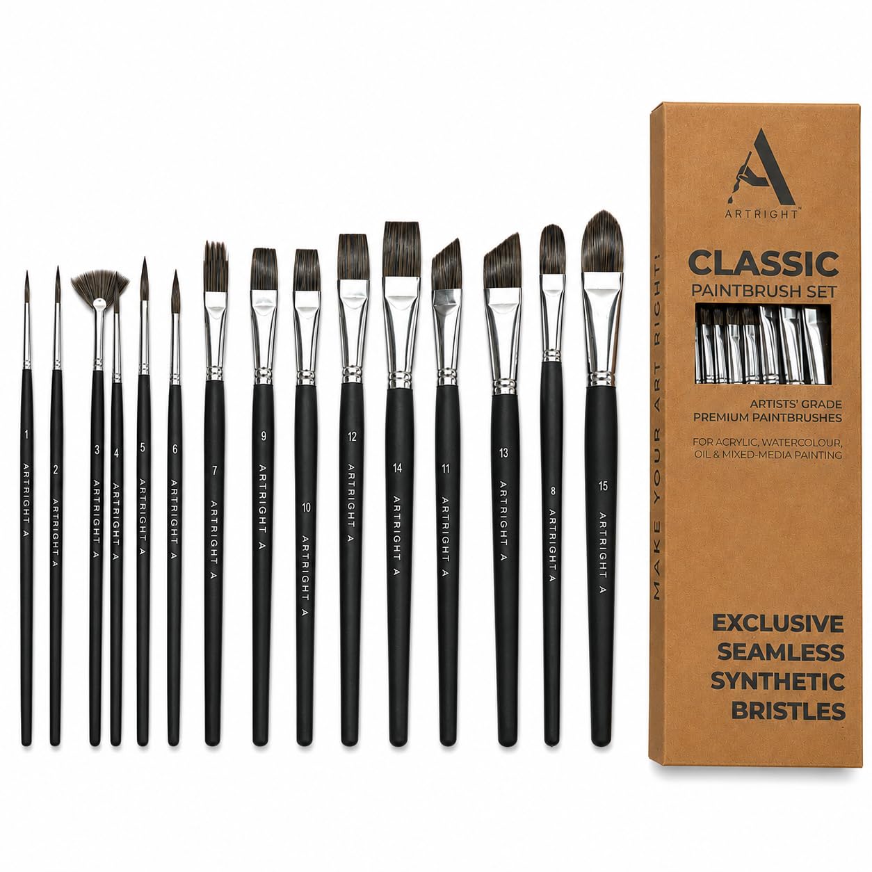 Artright Mix Artist Paintbrush Set of 15, Handmade Professional Brush for Acrylic, Watercolor & Gouache Painting, Best for Beginner & Professional, Flat, Fan, Round, Liner Brushes