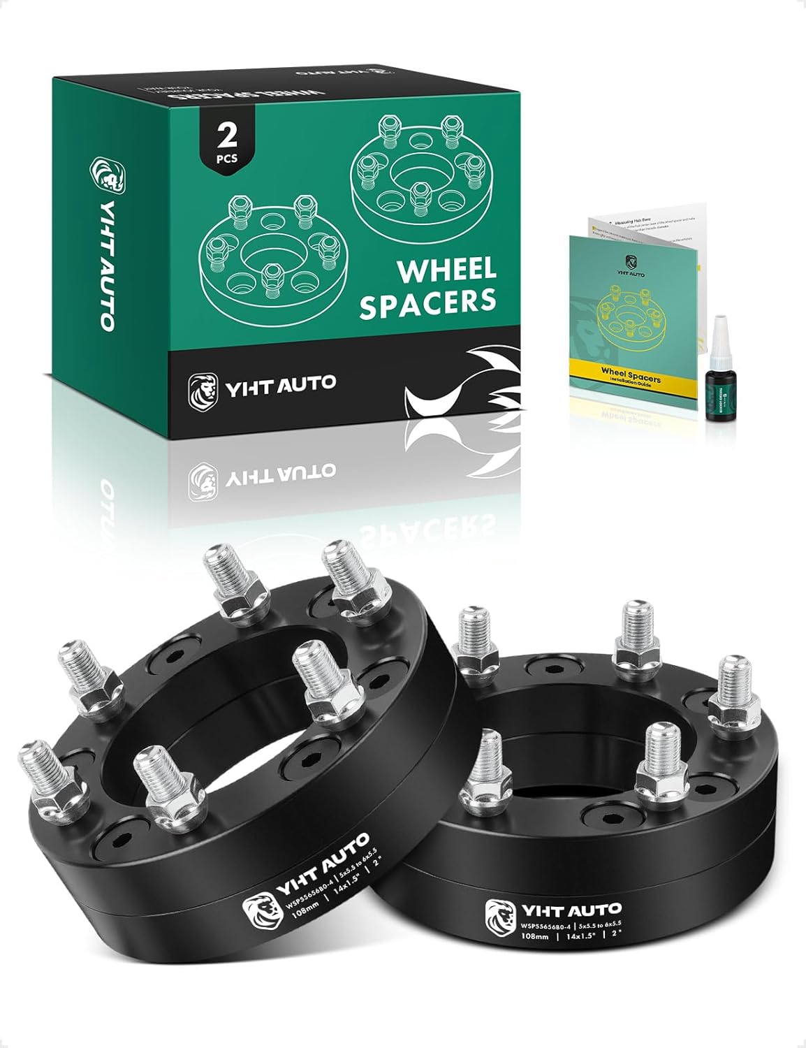 YHTAUTO 5x5.5 to 6x5.5 Wheel Adapters 2" Compatible with Dodge Jeep Ram Models: Dakota Durango Ram 1500 CJ5/7, Tire Adapters w/M14x1.5 & 12.9 Grade Studs, 108mm Center Bore 2PCS Black