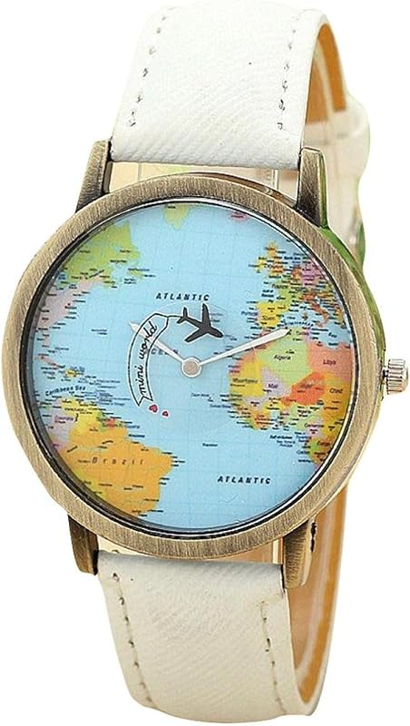 Unisex Retro Bronze Case Global Travel by Plane World Map PU Leather Band Quartz Watch