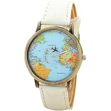 Unisex Retro Bronze Case Global Travel by Plane World Map PU Leather Band Quartz Watch