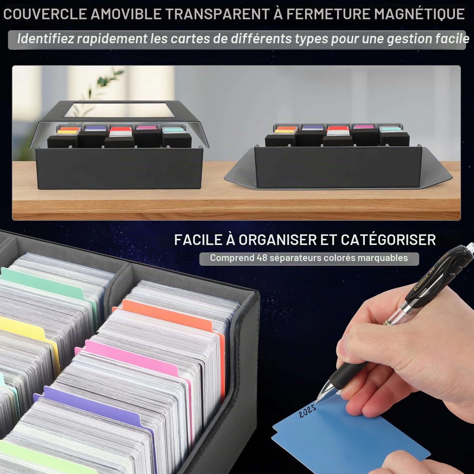 AOBOPLE Boîte de 5 Rangées Rangement de Cartes Pour 3900+ Cartes, Avec 48 Intercalaires et 5 Supports en Mousse, Boîte Rangement Carte Magnétiques de Qualité Supérieure,Rangement Cartes de Sport(Gris)