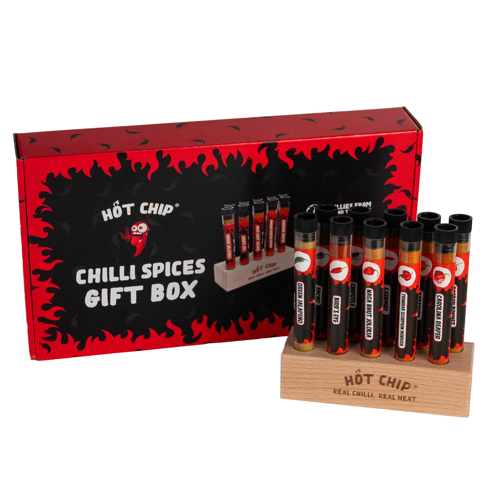 HOT CHIP Chili Geschenkbox mit Holzständer – 10 x Chilipulver à 10 g – Carolina Reaper, Moruga, Habanero & mehr – Scharfe Gewürz-Box für Küche, BBQ & als Geschenk