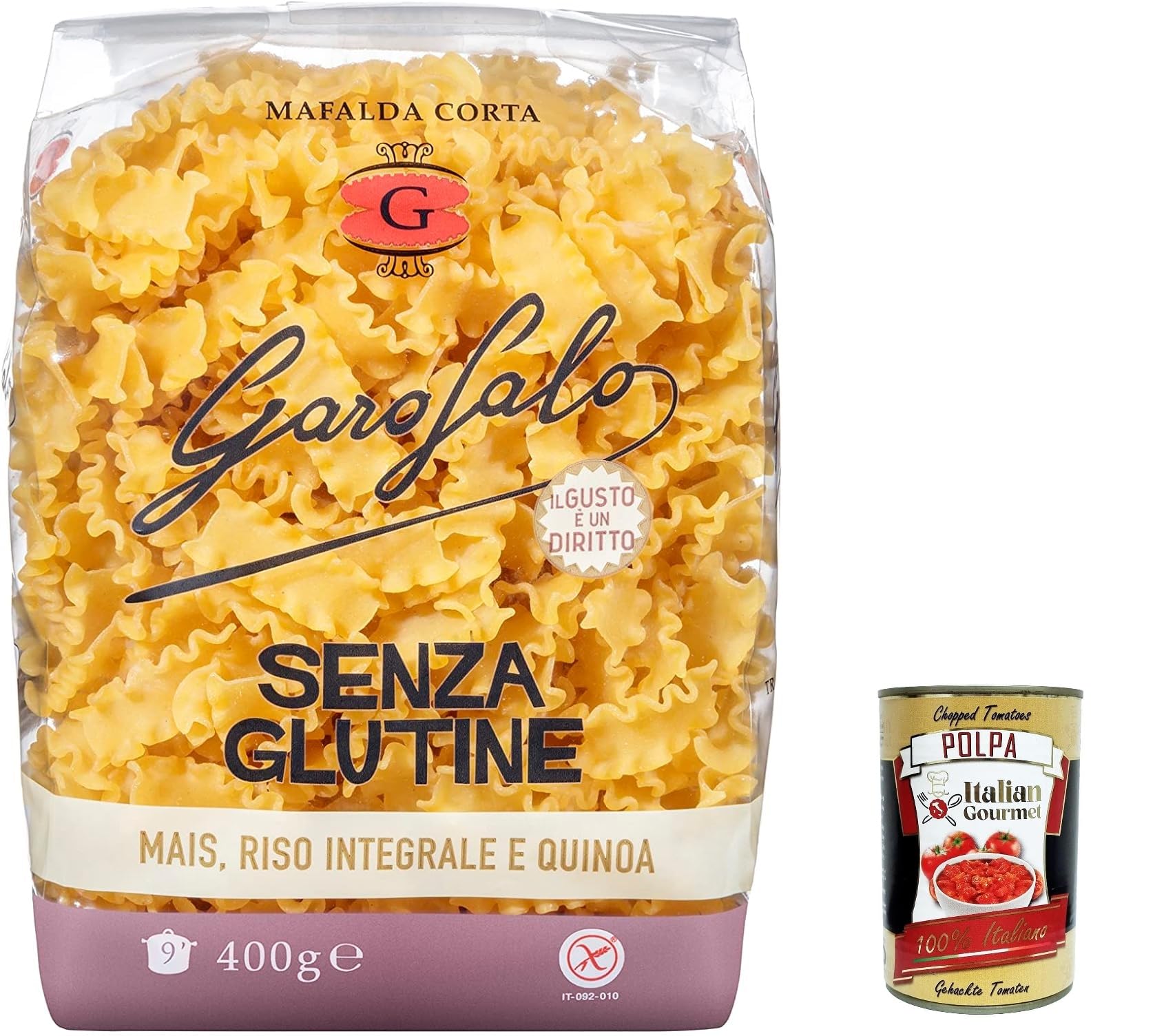 Italian Gourmet Mafalda corta Pasta senza glutine 20 x 400g glutenfrei | Formato corto rigato, Mais-Reis-Mix für Aufläufe und Saucen, cottura stabile, Gesamtnettogewicht 8 kg + Kostenlos Polpa 400g