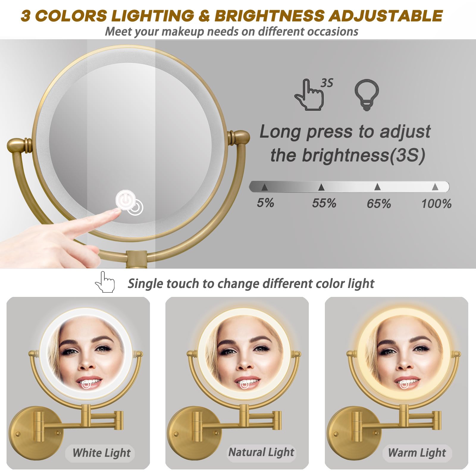 Miroir de maquillage à montage mural éclairé grossissant x10 câblé, double face avec éclairage 3 couleurs, fonction de gradation tactile, bras pivotant à 360° et bras extensible pour rasage