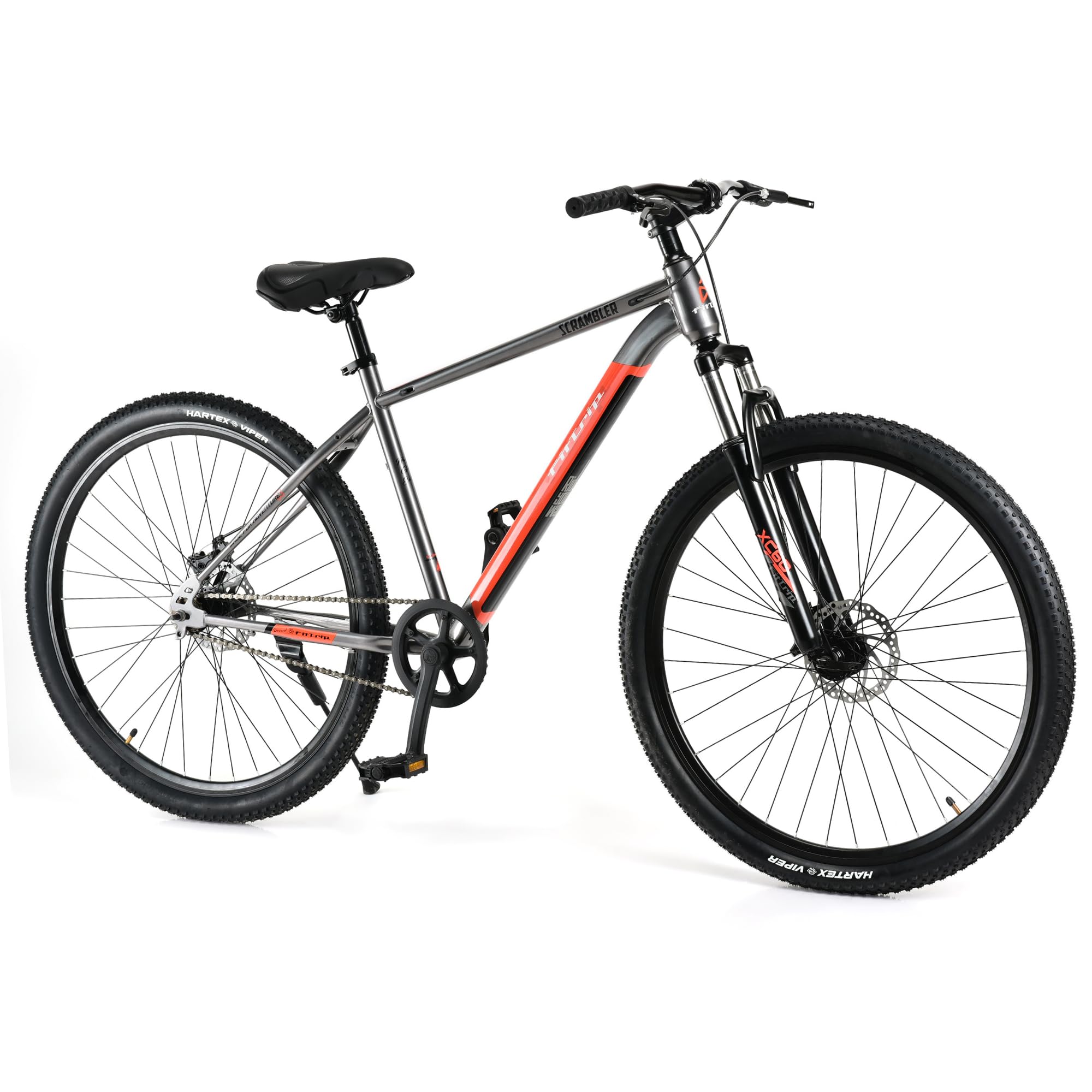 FitTrip Scrambler 27.5 Inch MTB Cycle Single Speed for Men | Dual Disk Brakes | Tuffshox Suspension | Hartex Tyres | Unisex | Fully Fitted (LiquidMetal-Red)-image-36