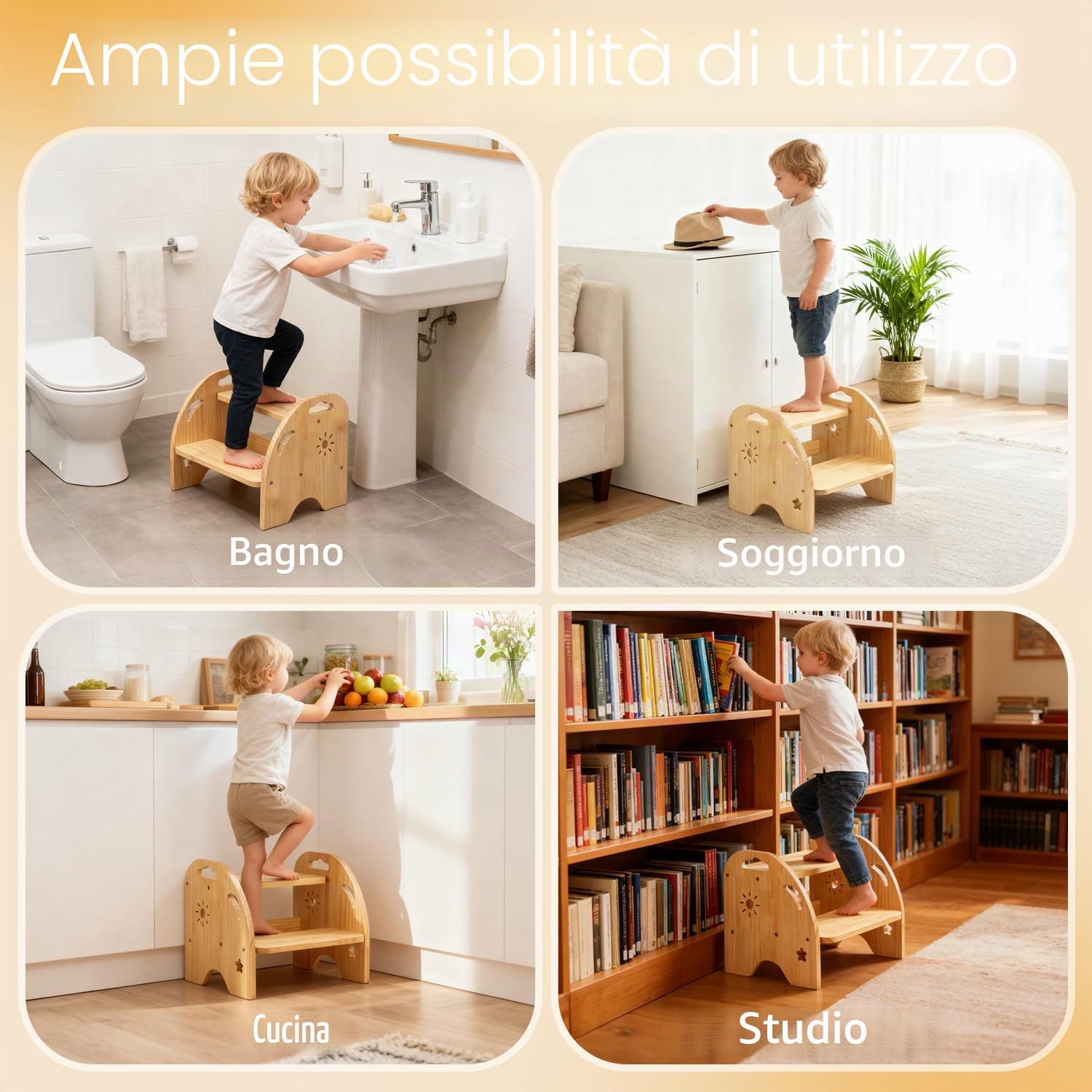 Wooden Step Stool, Sgabello A 2 Gradini In Legno,Sgabello Con Piedini Antiscivolo,Scala Domestica,Mobile, Per Bagno, Cucina, Cameretta Dei Bambini Dai 2 Anni