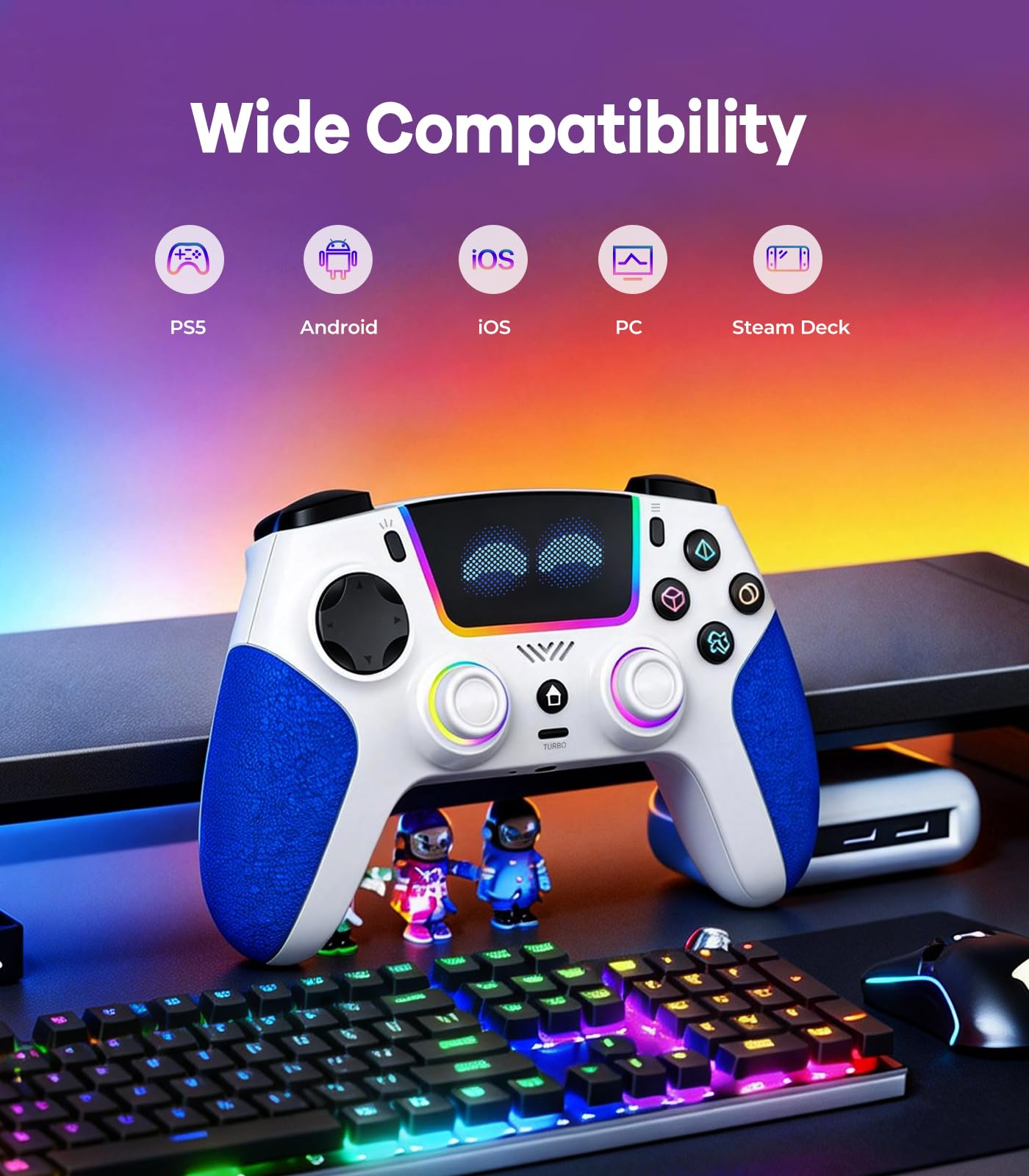 SFGSUP Controller Wireless per PS5/PC/Steam Deck, con Joystick&Grilletti Effetto Hall/8 Colori illuminazione RGB/Giroscopio 6 Assi/Turbo/Doppia Vibrazione/Impugnatura Antiscivolo/Batteria 1500 mAh
