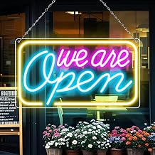 لافتات LED Neon We Are Open، لافتة مفتوحة مقاس 16.5 بوصة x 9 بوصة للأعمال، لافتة نيون مفتوحة مع مفتاح تشغيل/إيقاف، لافتة كهربائية مضيئة تعمل بمنفذ USB للمتاجر والفنادق والحانات والمطاعم باللونين الوردي والأزرق والأصفر