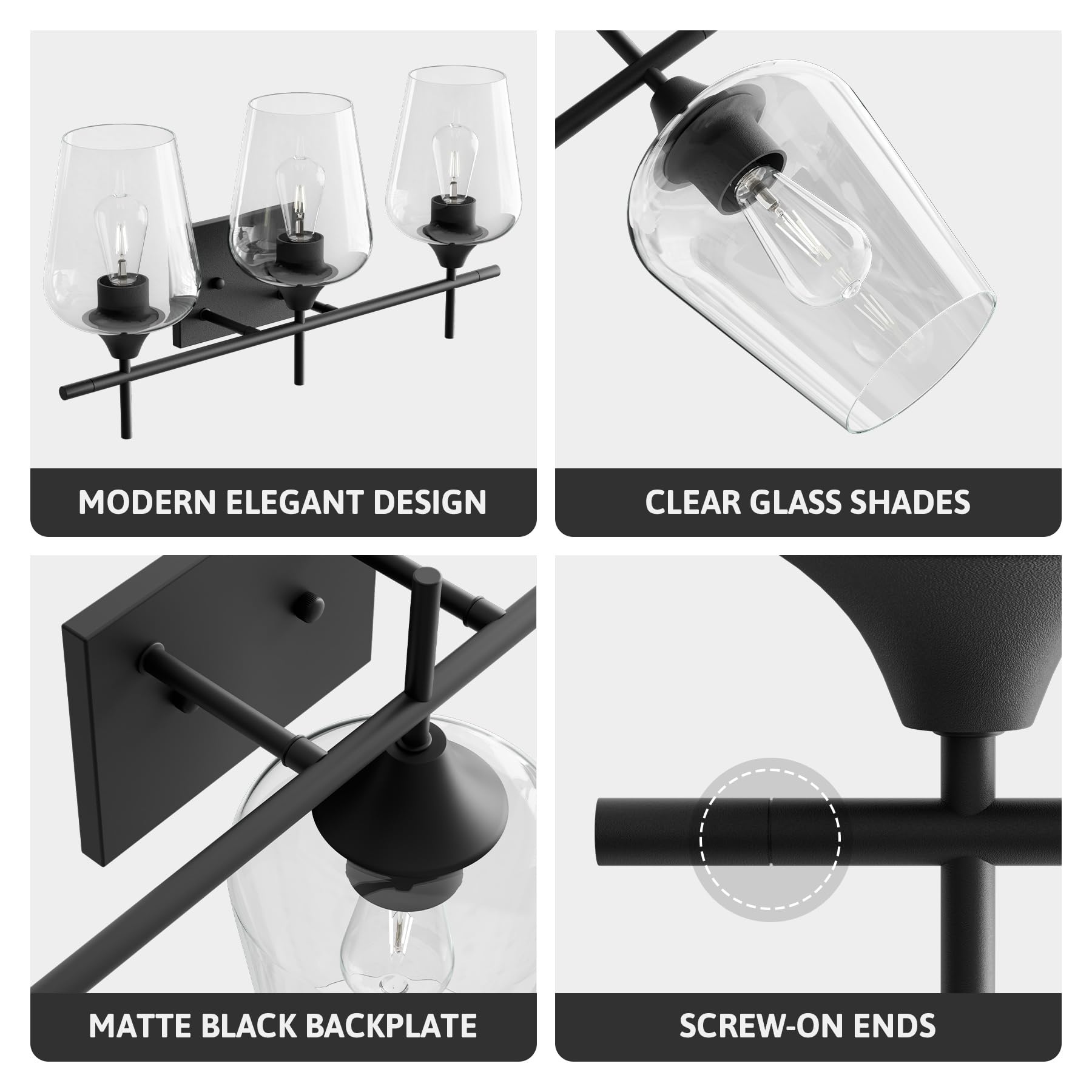 Lámpara de tocador de baño, lámpara de baño de 3 luces sobre el espejo, lámpara de pared de baño con vidrio transparente, accesorios de iluminación negros modernos para baño, dormitorio 5