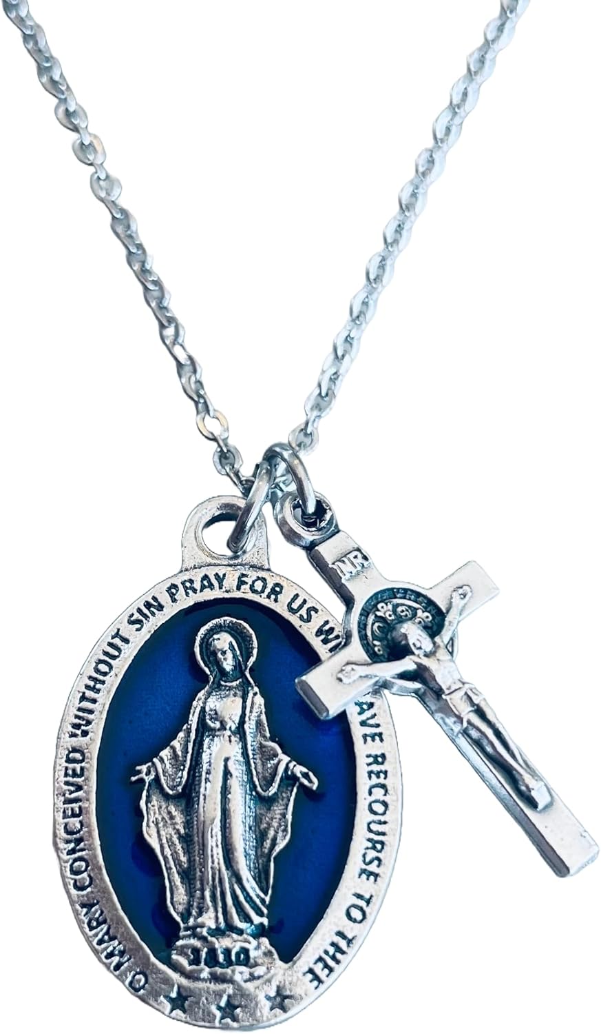 Blue Mother Mary Necklace with Crucifix – Catholic Jewelry Blessed Virgin Mary Medal Pendant – Immaculate Conception Charm Necklace – Religious Gift for Women, Teens, Baptism, First Communion