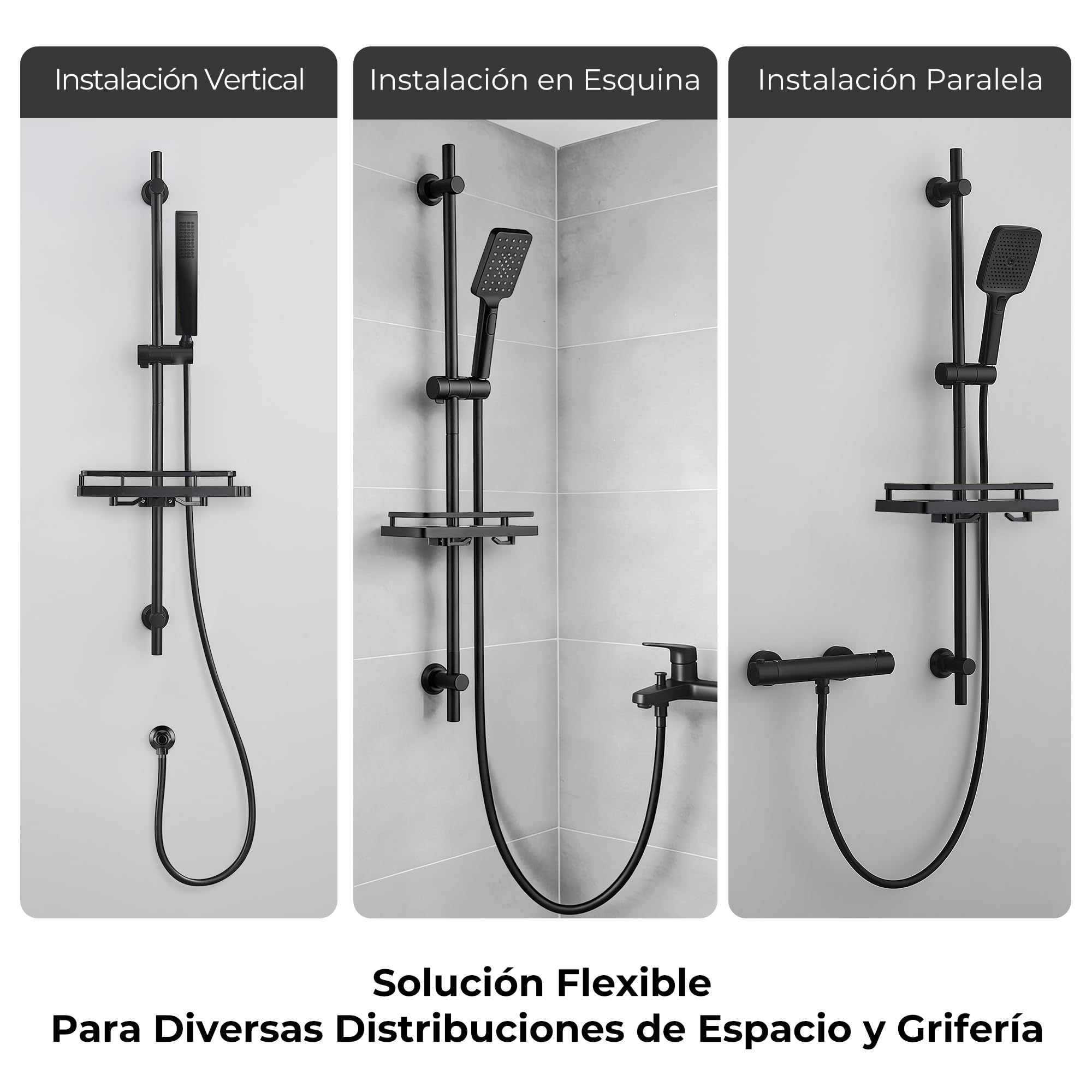 Görbach Barra de Ducha 100 cm de Acero Inoxidable, Columna Sin Grifo con Soporte de Alcachofa y Soportes de pared, Estante Ducha Ajustable en Altura, Negro