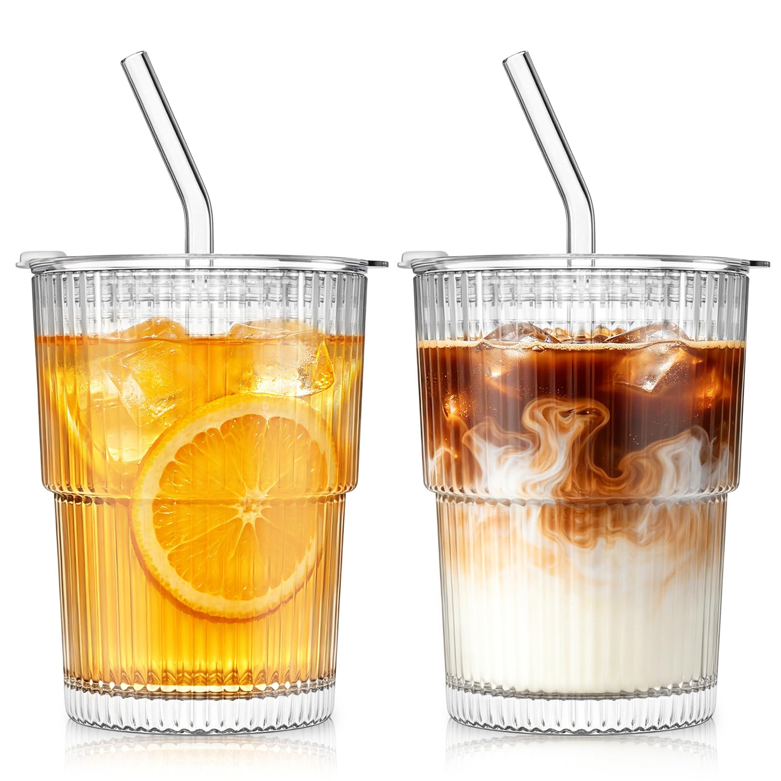 SoulTimes 380 ml Ribbed Glass Tumbler with Straw and Lid, Set of 2 - Iced Coffee Cups for Coffee, Matcha, Smoothies & Juice, Reusable Thick Glass Cups, Elegant Home & Travel Glassware — image 1