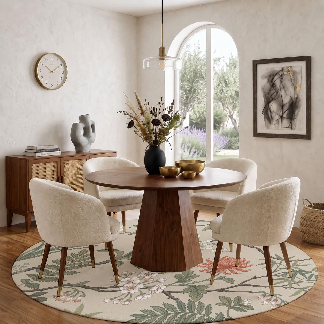 Tappeto Rotondo Salotto Stile Britannico Retrò 180 cm | Fiori Rami Uccelli, Camera da Letto Antiscivolo Lavabile, Tappeti Sala Cameretta Ufficio, Carpet Pelo Corto Morbido