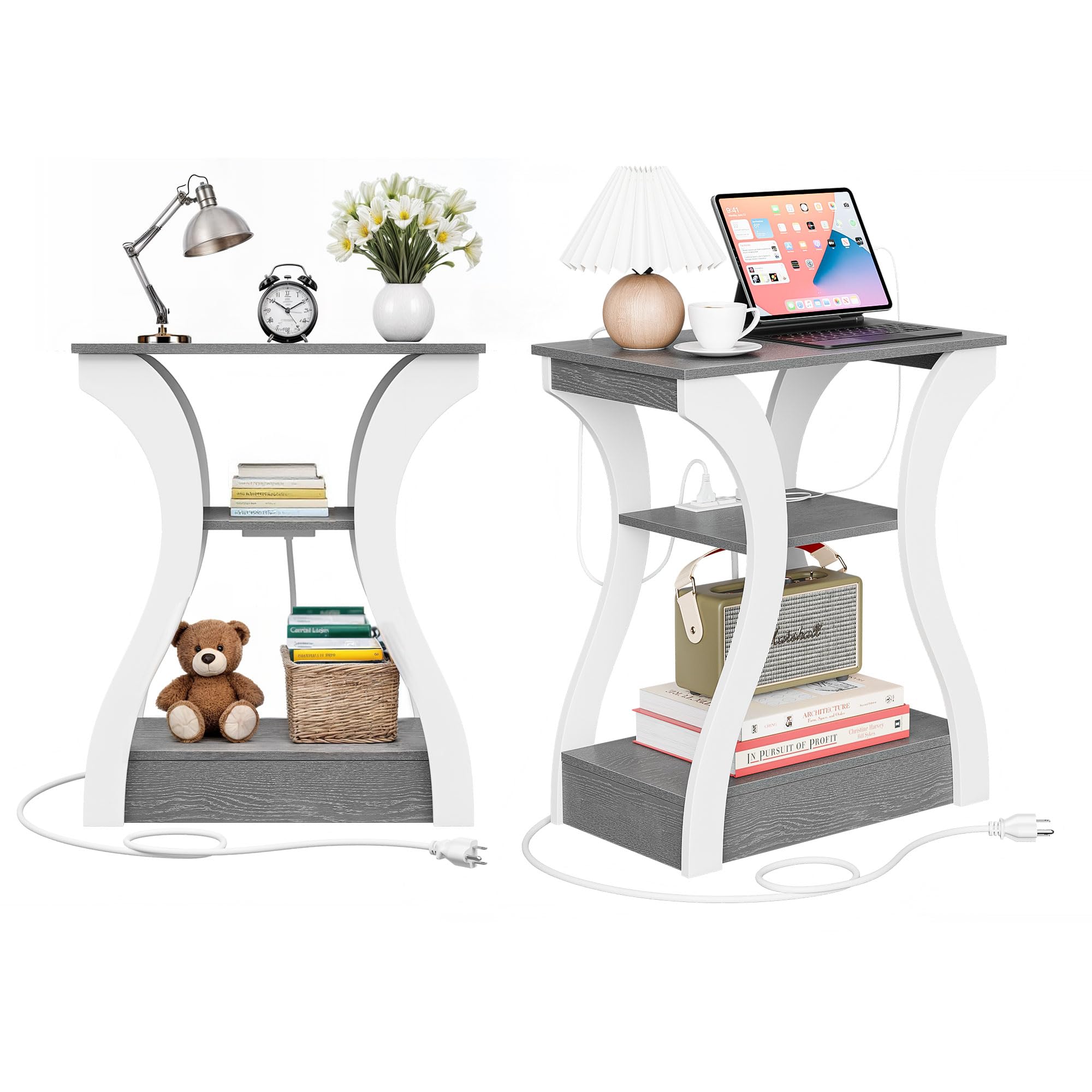 SUPER DEAL End Table, Slim Nightstand, Narrow Sofa Side Table with Charging Station for Living Room, Bedroom, Small Spaces, 2 USB and 2 Power Outlets,