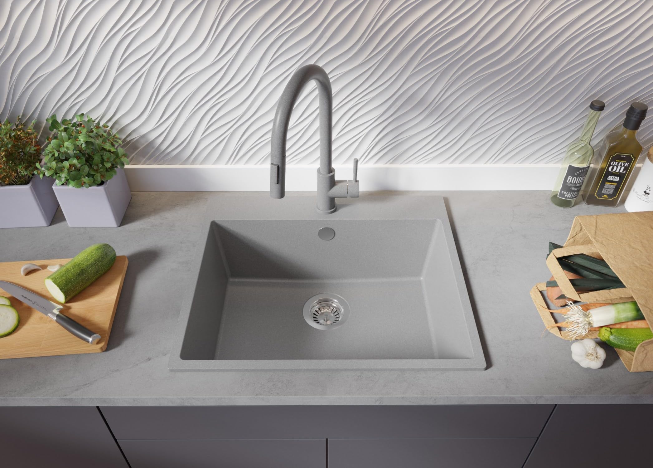 PRIMAGRAN Lavello da Cucina Tutto Grigio 58x50cm, Lavandino in Granito a 1 vasca + Sifone Classico, Lavabo da Cucina Incasso al Mobile 60cm - Riga S313