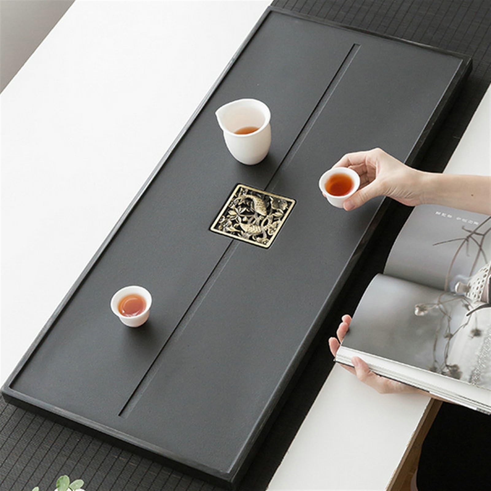 Bandeja de té Sencilla, Juego de té, Bandeja de té de ebonita Natural, Juego de té de Kung fu Grande, Moderno y Sencillo, Drenaje de té de mar (70 x 35 x 3 cm)