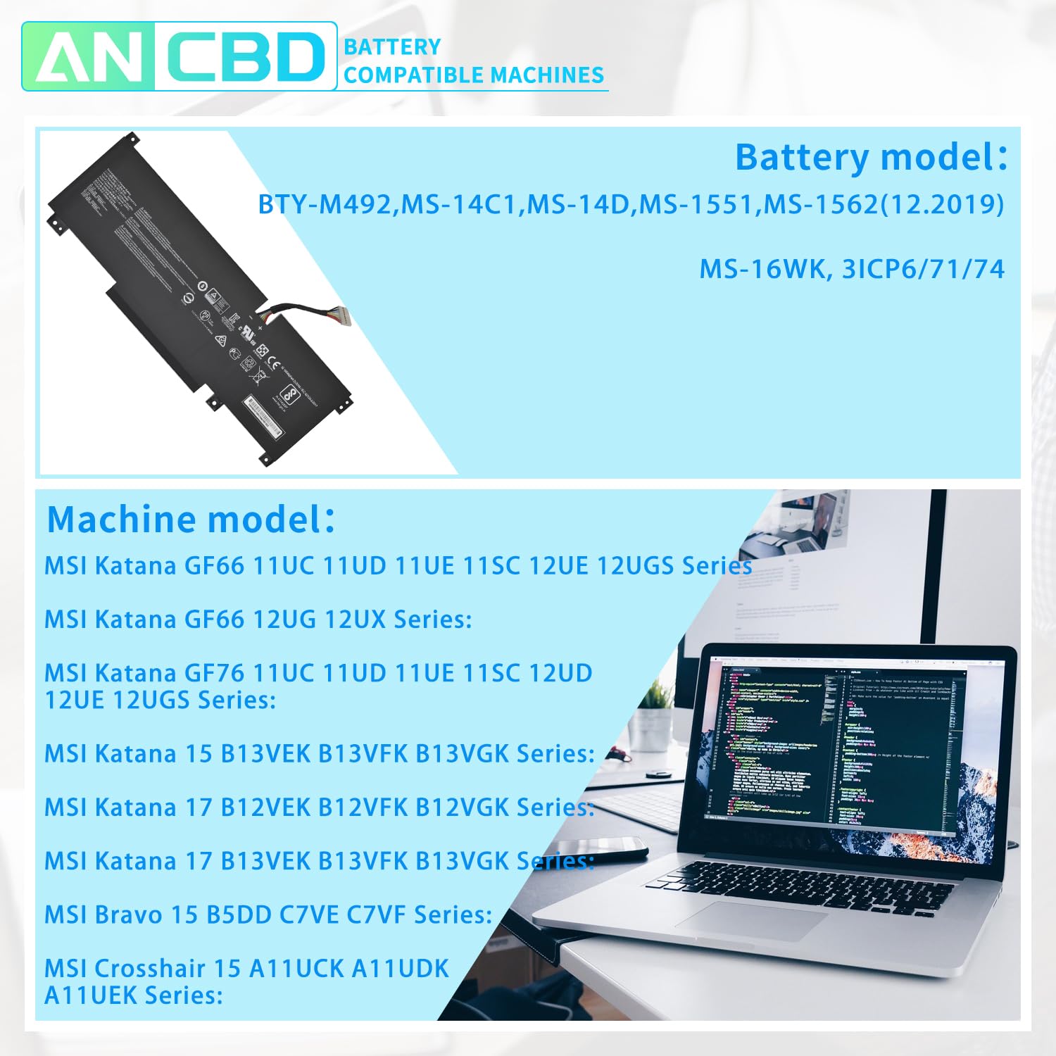 BTY-M492 Laptop Battery for MSI Katana GF66 GF76 11UC 11UD 11UE 11SC 12UE 12UGS Katana 15 17 B13VEK B13VFK B13VGK Pulse GL66 11UCK 11UDK Crosshair 15 A11UCK 17 A11UCK MSI Sword 15 A11U A11UD 53.5Wh