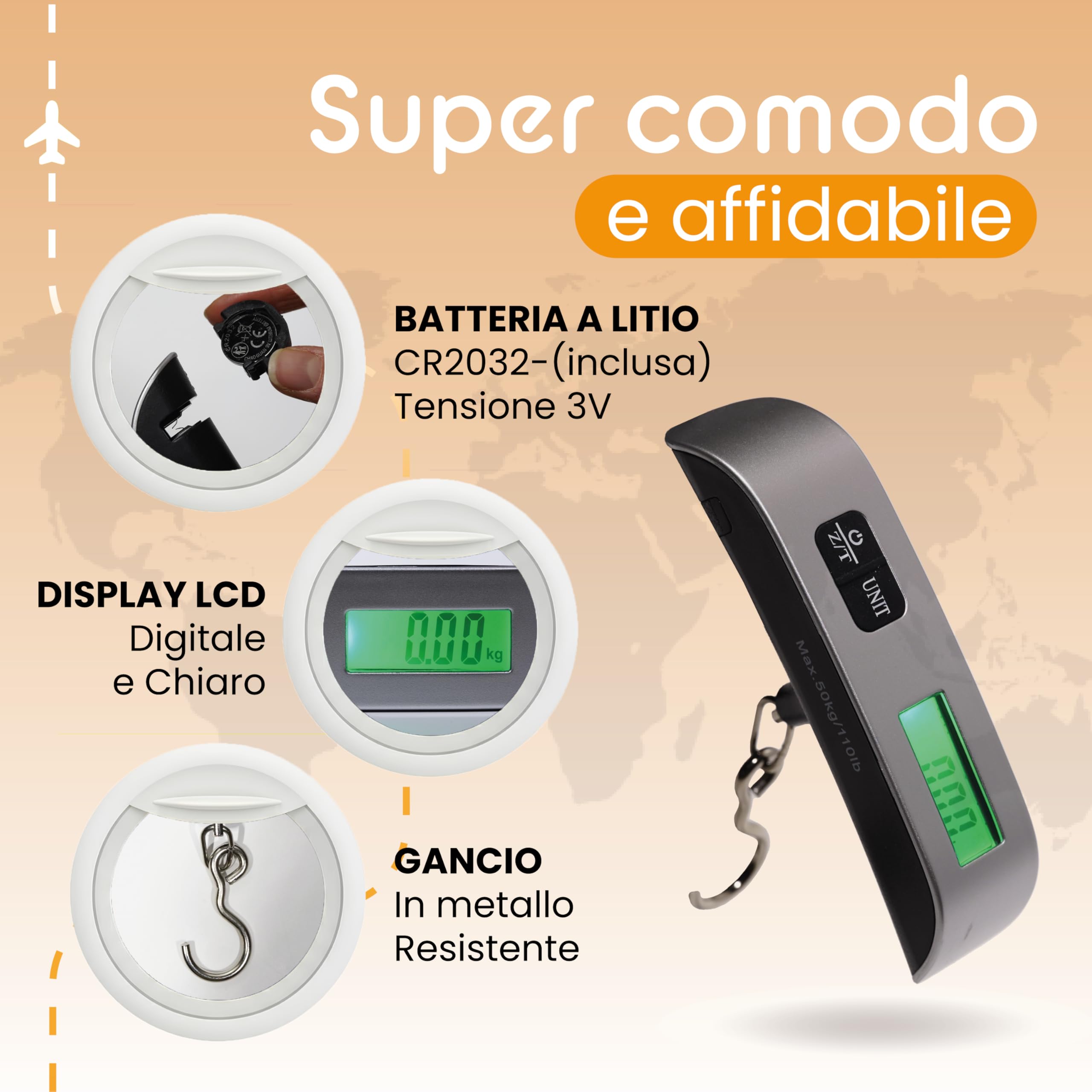 Generico Pesa Valigia Digitale 50kg – Bilancia Pesa Bagagli da Viaggio con Gancio in Acciaio e Display Re… — immagine 3 di 15