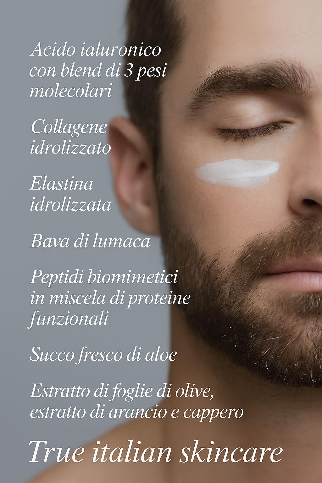 Crema Facial Antiaging Hombre Made in Italy, Ácido Hialurónico, Colágeno, Baba de Caracol reduce los signos del envejecimiento, dejando la piel fresca e hidratada. Sin siliconas, sin parabenos