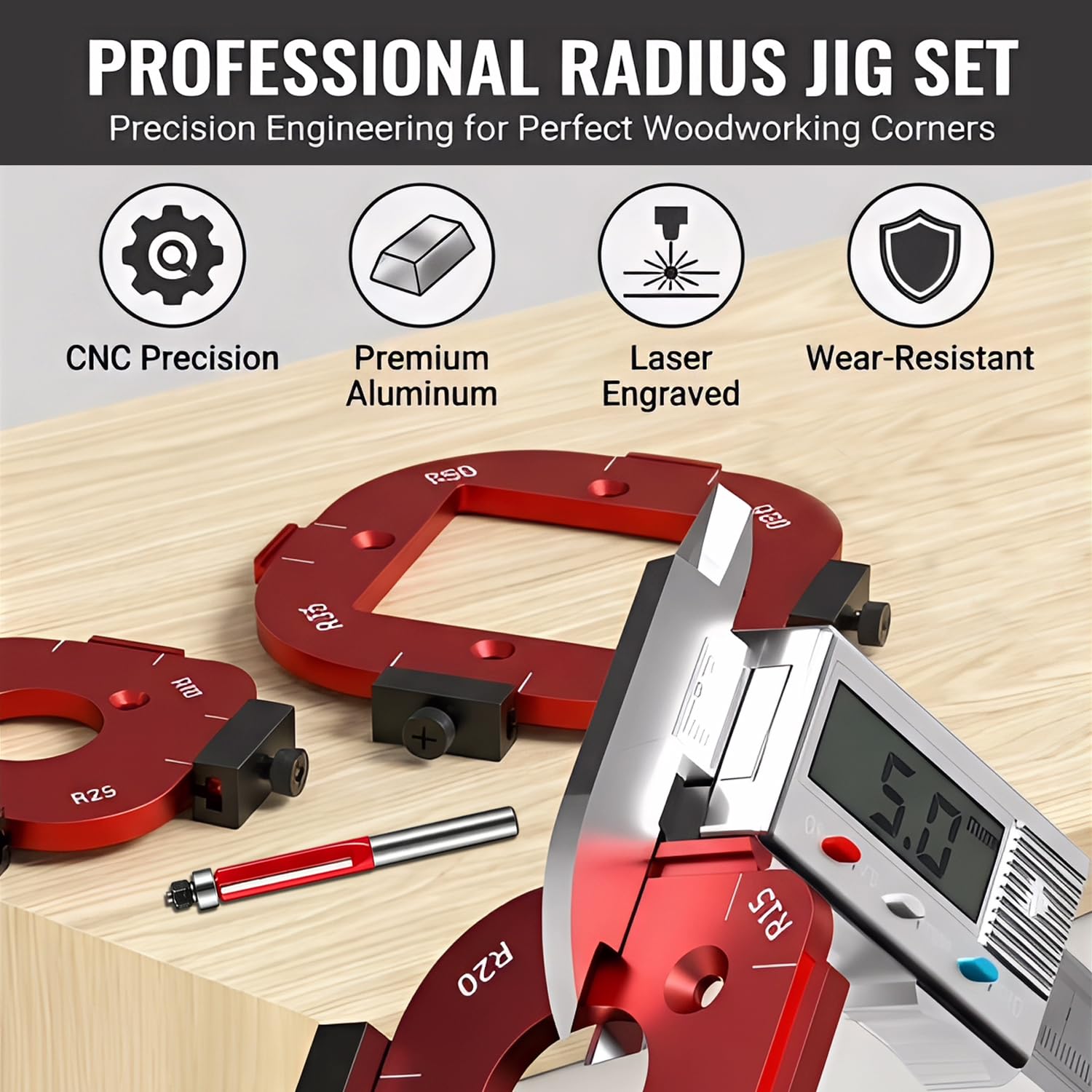 Modello di Fresa a Raggio,4 in 1 Dima di Fresatura a Raggio D'angolo con Raggio R10/15/20/25 e R30/35/40/50 per Lavorazione del Legno Fai da Te Rosso (2 pezzi)