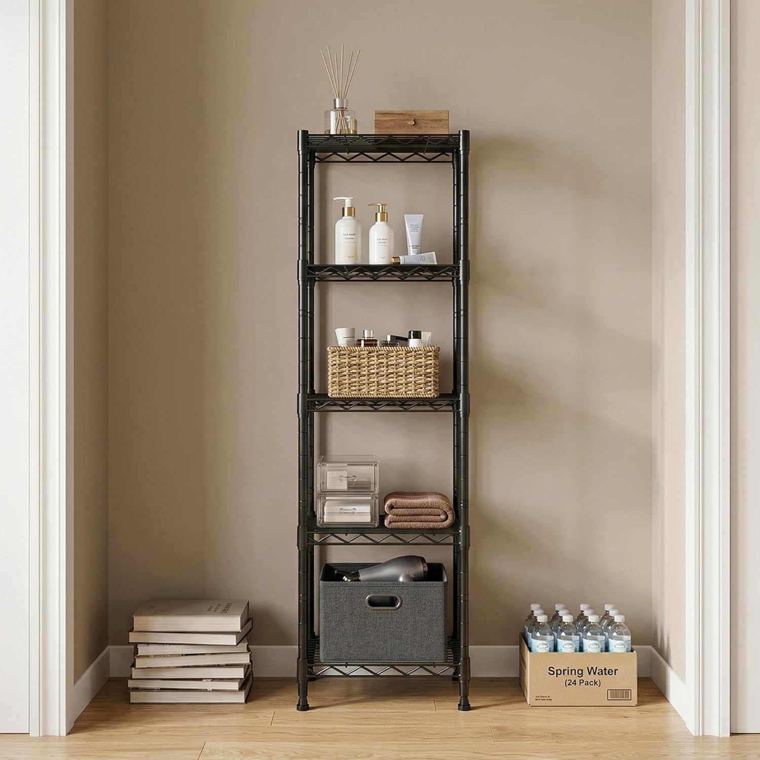 Romorgniz 5 Tier Storage Shelves for Small Space, Adjustable Metal Shelving Unit, Storage Rack Standing Bathroom Shelf and Narrow Shelf for Laundry Dorm Kitchen Pantry, 15.75" W*11.81" D*53.15" H