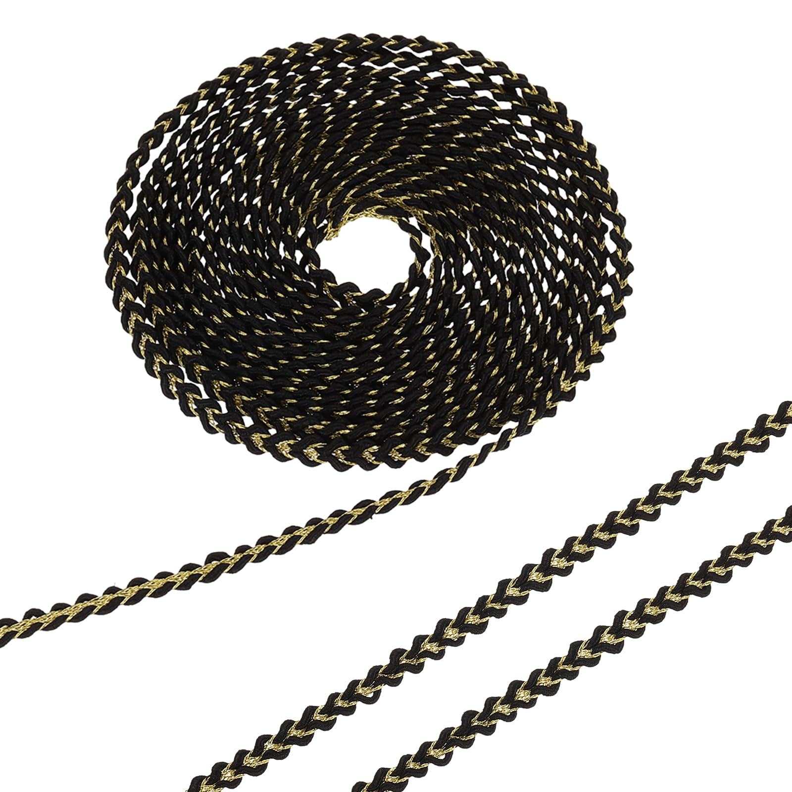 sourcing map 9.14M Gimp Braid Trim, 4 mm Polyester Woven Braid Ribbon, Fabric Twist Lace Trimming Edge for DIY Sewing Craft Clothing Curtain Hat Bag Wedding Dress, Black/Gold