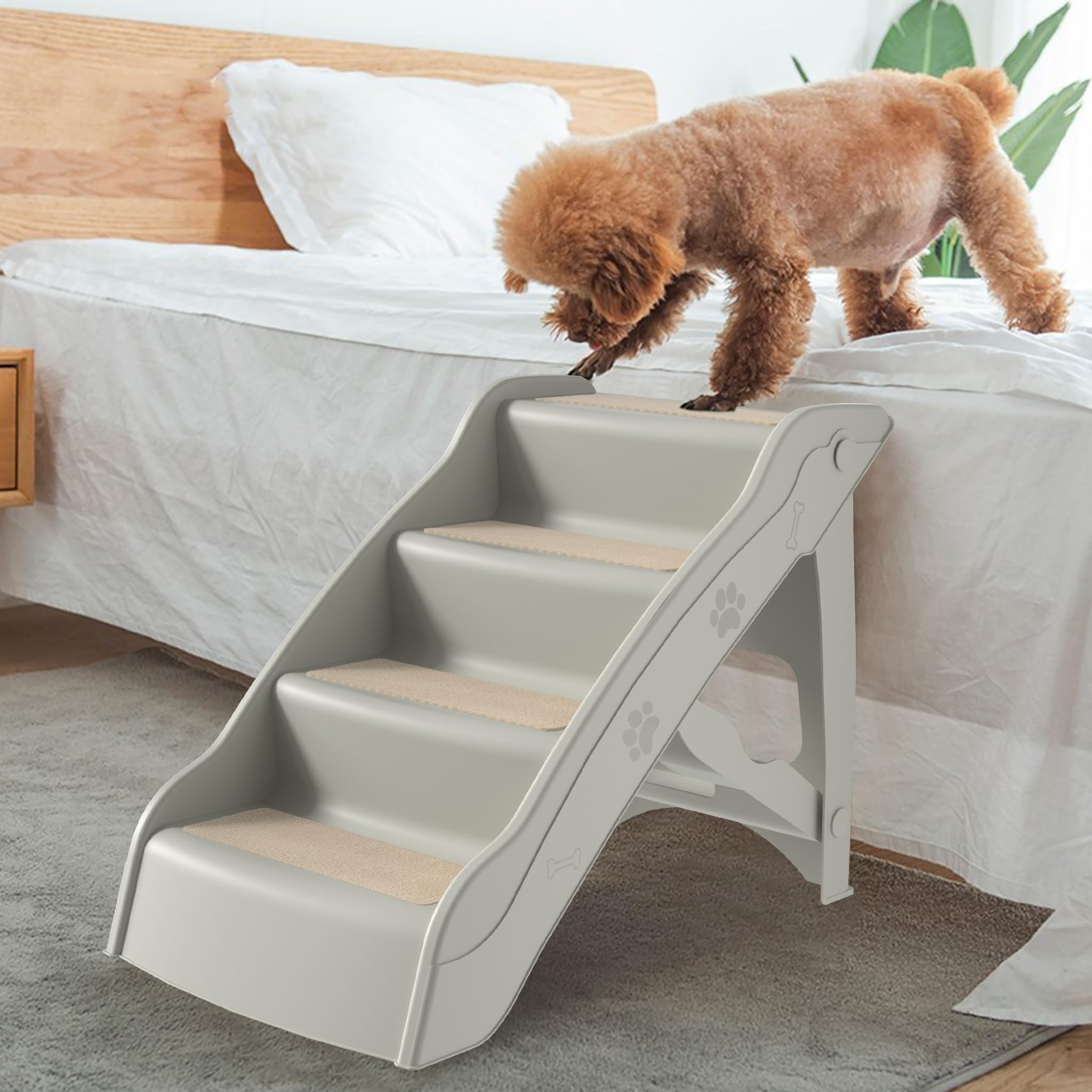 Aufun Scala per cani pieghevole con tappetino antiscivolo Grigio Scala per animali domestici, 4 gradini, trasporta fino a 75 kg