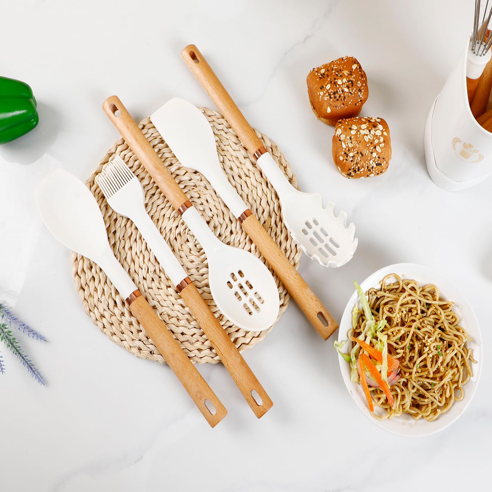 Set di 13 utensili in silicone con manico in legno, antiaderenti, lavabili in lavastoviglie, utensili da cucina senza BPA, resistenti al calore (230 °C/230 °C) padella in ceramica sicura