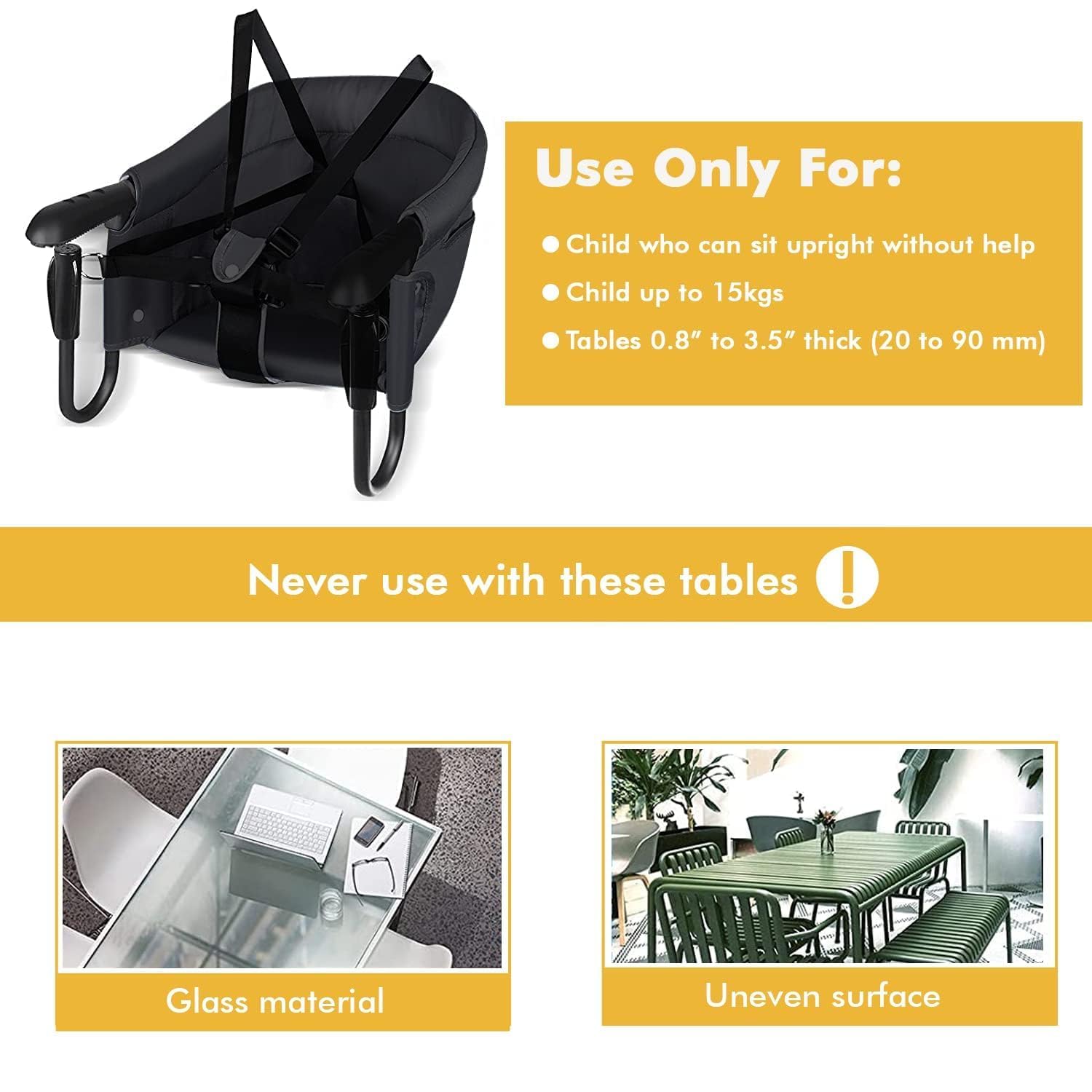 Suptikes Portable Baby Hook-On High Chair for Dining Table | Foldable Clip-On Feeding Chair with Safety Belt, Washable Seat & Carry Bag | Travel Friendly Booster Seat for Baby & Toddler (Black) 4