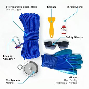 Ultimate Magnet Fishing Adventure Kit - Complete Set with Double-Sided Neodymium Magnet, 66ft Rope, Protective Gloves, Safety Gear & Carrying Case. Choose 1700, 2600, or 4200 lbs Strength