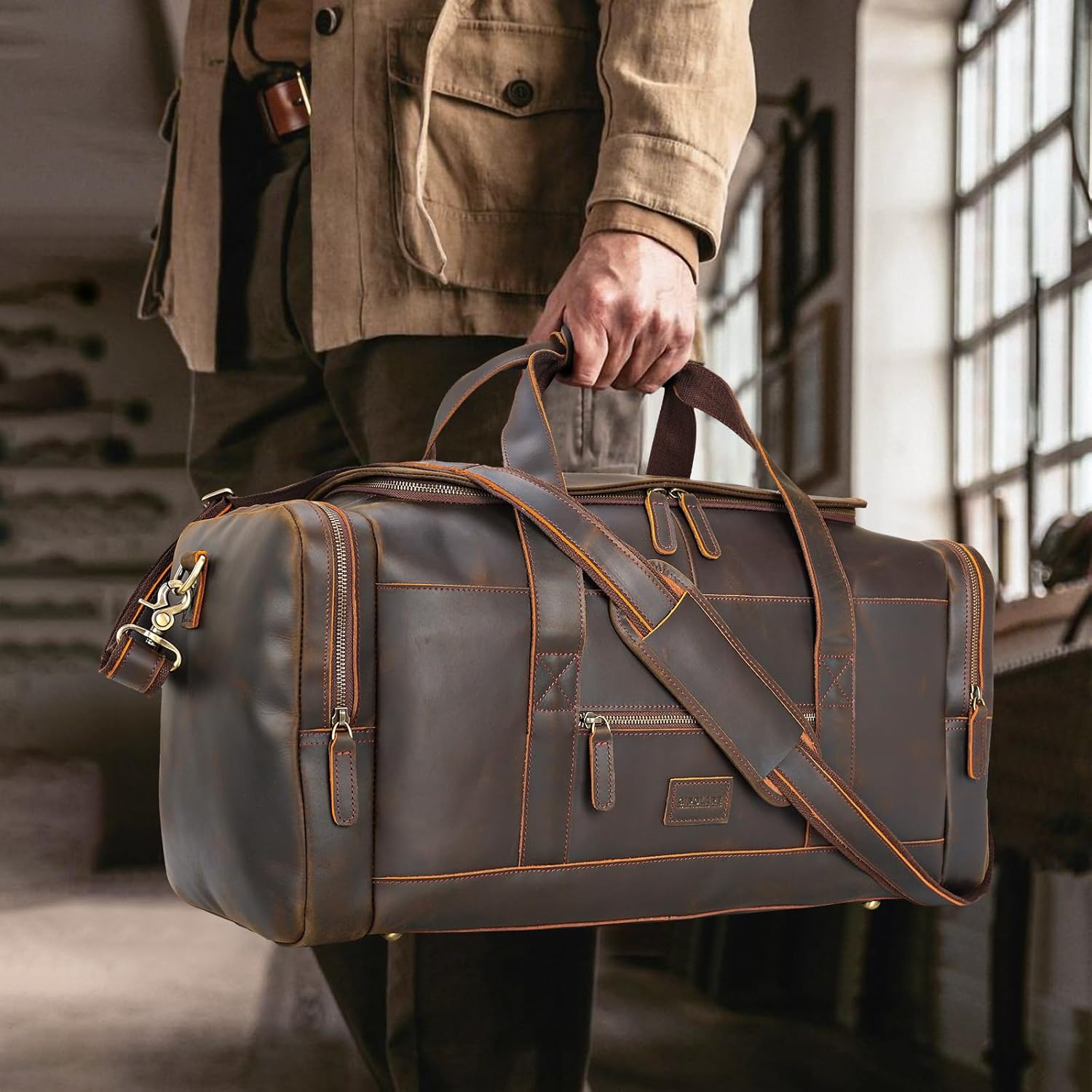 Polare 23" Full Grain Leather Travel Duffle Bag For Men 42L Duffel Bag Overnight Carry on Luggage Sport Weekender Bag - Image 3