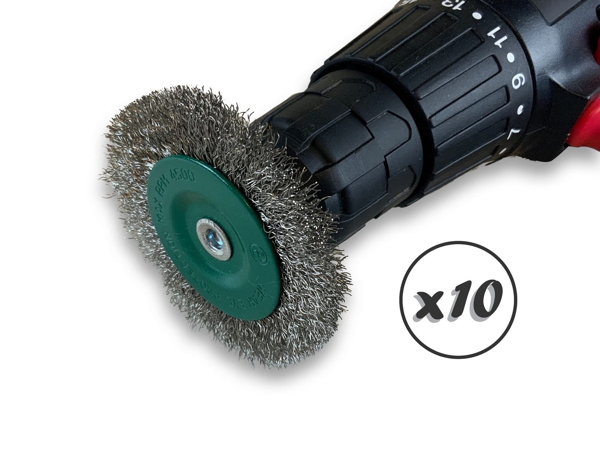 Zestaw 10 metalowych okrągłych szczotek obrotowych na pręcie Ø 75 mm | Drut ze stali nierdzewnej Ø 0,20 mm | Grubość 8 mm | 1 rząd | Do wiertarki lub wkrętarki z uchwytem | Kibros 2675IV8x10