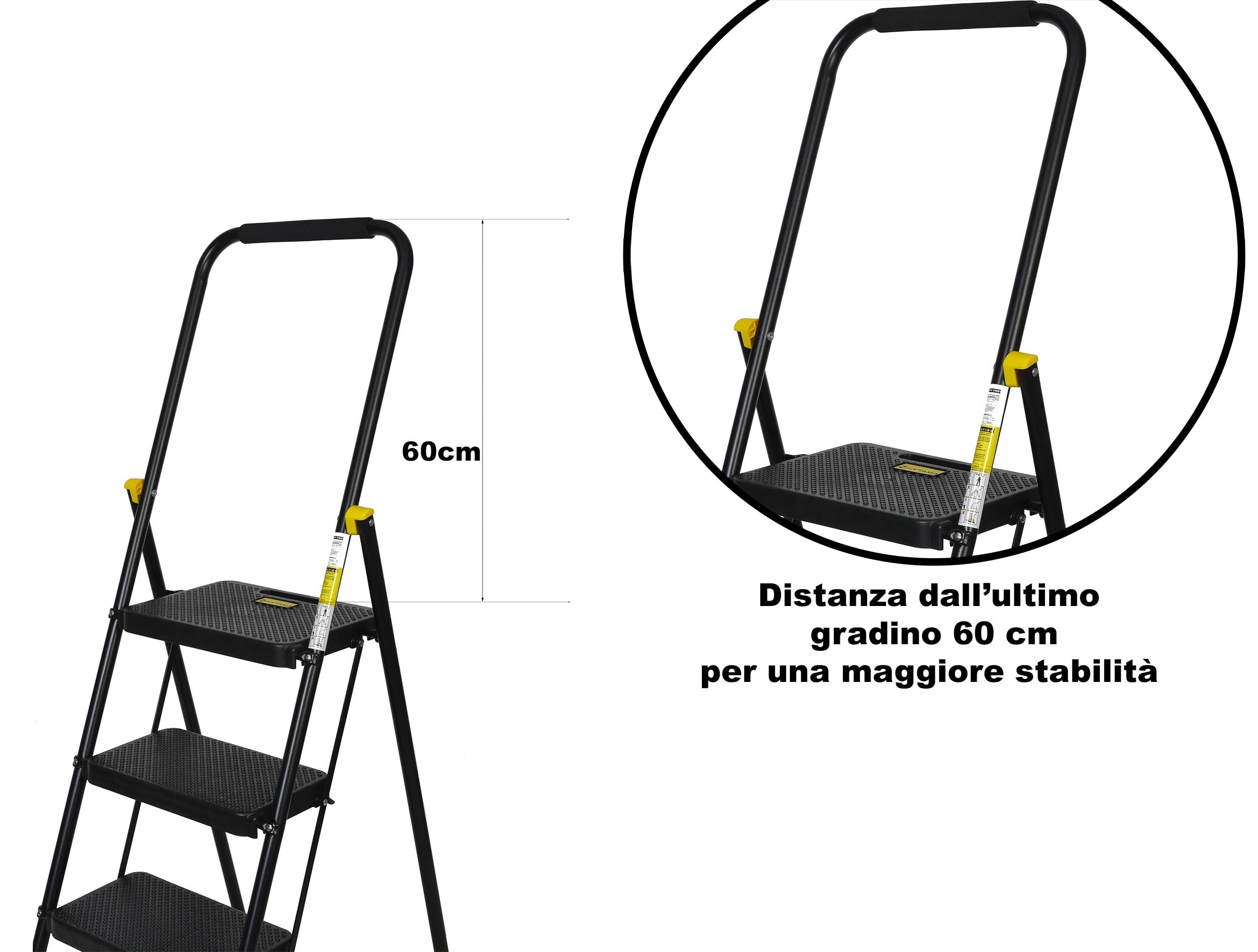 Scala Scaletta Pieghevole 4 Gradini, Bianco con Blocco di Sicurezza, testata fino ad una Portata di 250 kg con Ampio Pedale Antiscivolo, Corrimano a Norma, Sgabello per Cucina Casa Ufficio