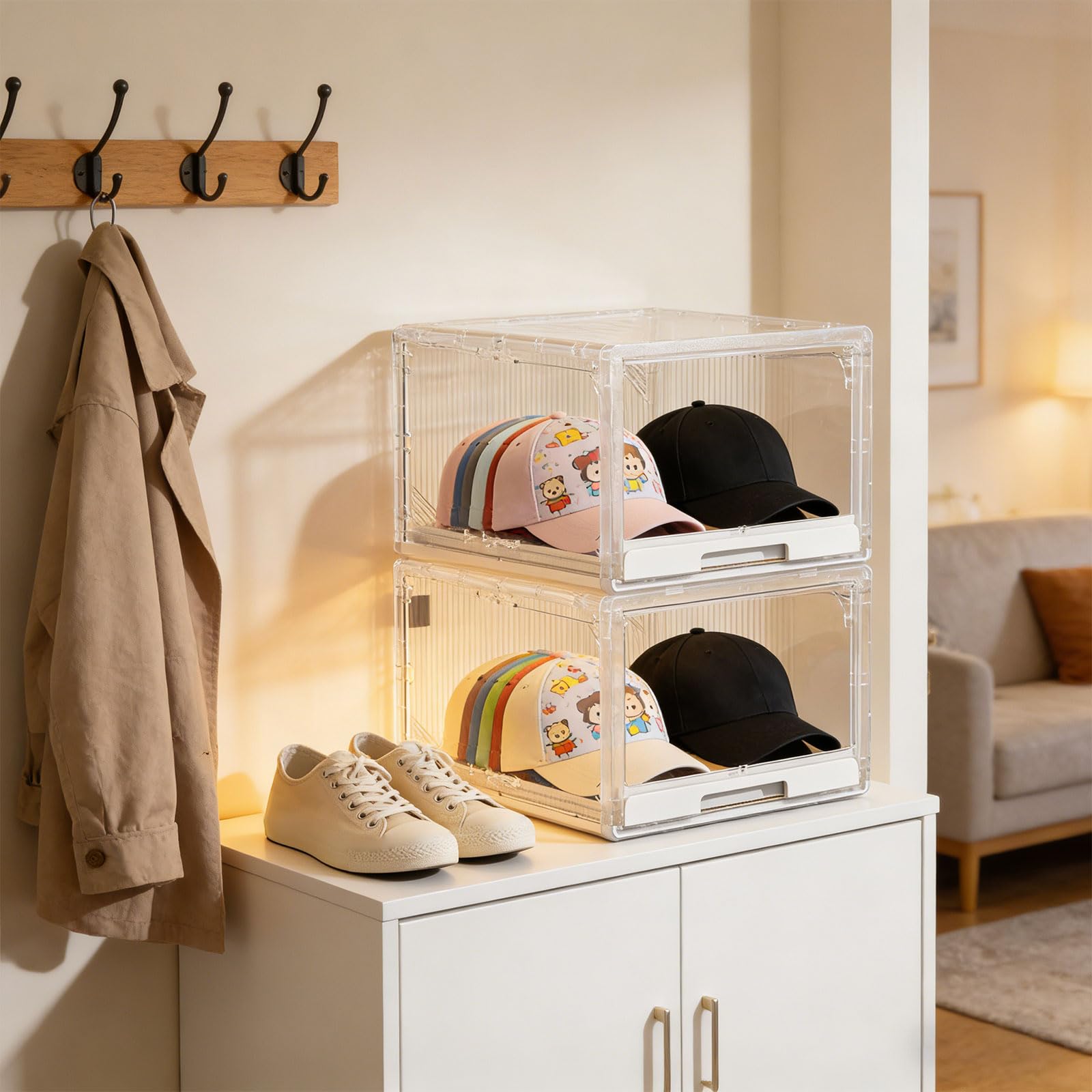 PANGBOER Paquete de 2 cajas de almacenamiento para sombreros de gran capacidad con ventana transparente y bandeja deslizante para exhibir gorras organizadas y