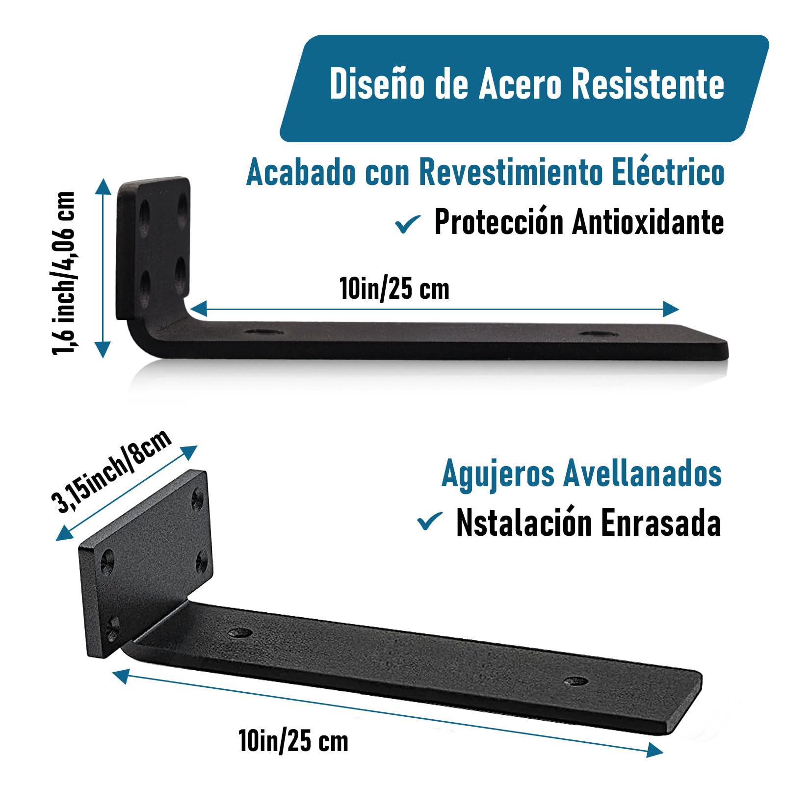 4 Piezas Soporte Estanteria Pared, Soporte Balda Flotante, Soportes de Estante Industriales Resistentes, Capacidad de Carga 70 Kg (Negro, 25cm)