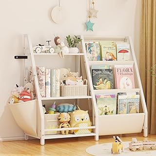 Kids Bookshelf and Toy Organizer, Montessori Bookcase and Toy Storage for Kids Room, 3 Tier Sling Book Rack for Toddler, Children Book Display Shelf for Nursery, Bedroom, Playroom, Classroom
