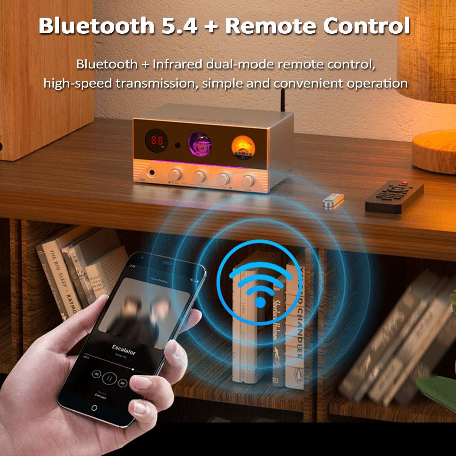 Amplificatore Audio HiFi, Amplificatore valvolare con VU Meter, Bluetooth 5.4 e Telecomando, 7 luci ambientali per Home Theater e diffusori passivi, ingressi ottici e coassiali. (Silver)