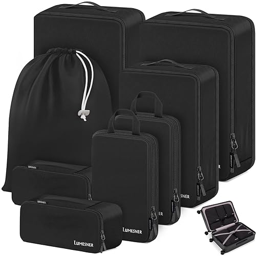 Compression Packing Cubes, Lumesner 8 Set Travel Packing Cubes for Carry on Suitcases, Compression Suitcase Organizers Bag Set & Travel Cubes (8-piece, Black) - 8-piece - Black