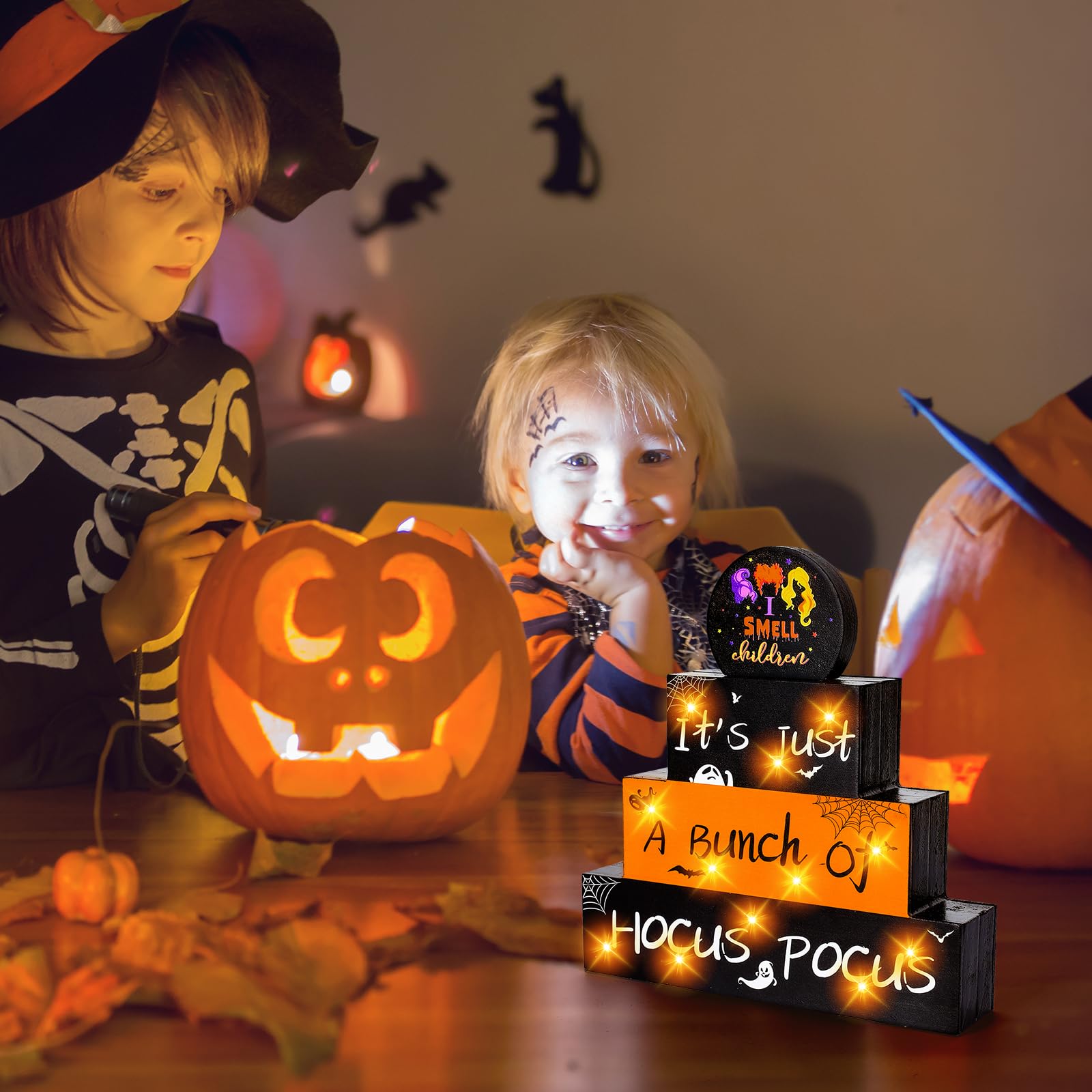 Buy AnyDesign Halloween Wooden Block Signs with Led Lights It's