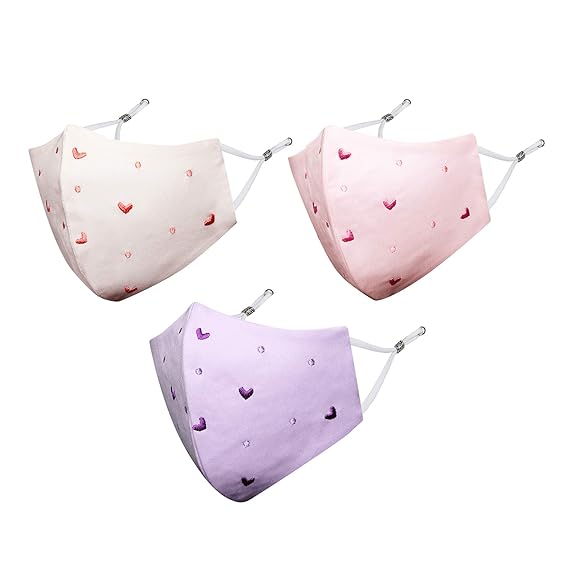 MASQ By Q-One Hearts 4 Layer, Reusable, with Ear Adjusters, Anti-Bacterial (BFE>99%) Embroidered Cotton Cloth Face Mask Combo for Women, Girls (Purple-Pink-Peach, Pack of 3)