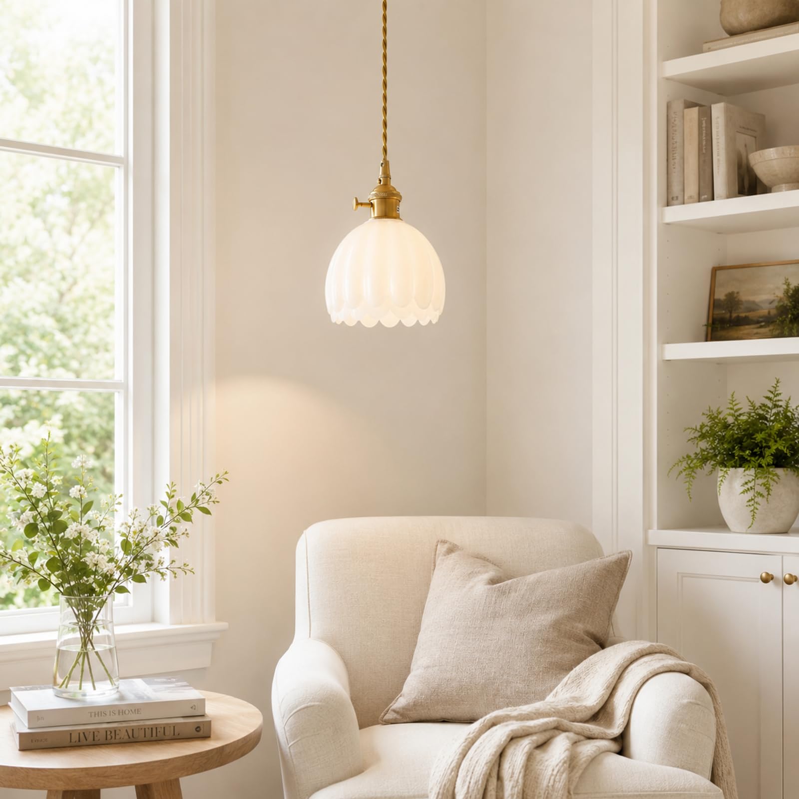Lampada a Sospensione in Vetro Floreale, Vintage Presa E27 e Interruttore, Altezza Regolabile Lampadario a Soffitto per Cucina, Sala Pranzo, Camera (Bianco)