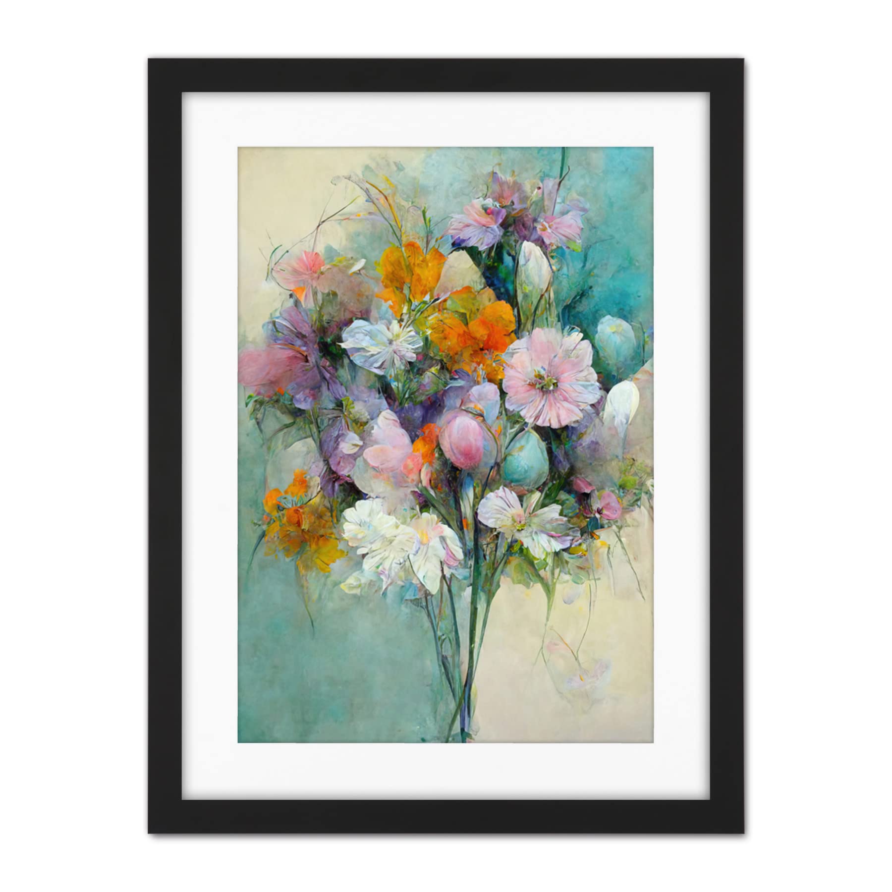 Doppelganger33 LTD Watercolour Pink Orange And Teal Spring Flower Bouquet Illustration Artwork Framed Wall Art Print 18X24 Inch