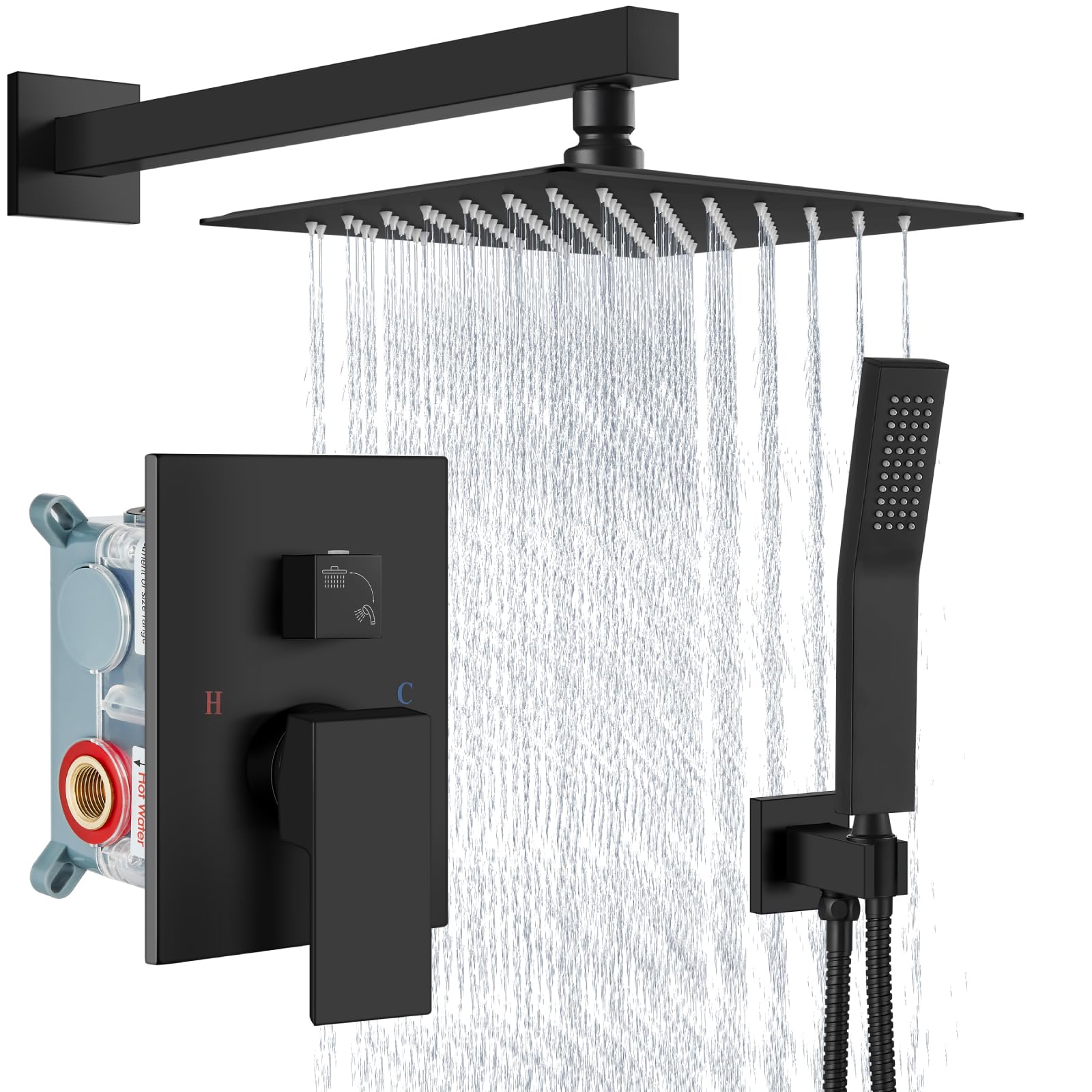 Aolemi Shower Faucet Set Rain Shower System with Handheld Spray Bathroom Shower Combo Rough-in Valve and Shower Trim Kit Included Matte Black 8 Inch Wall Mount Shower Head. Similar to stock photo