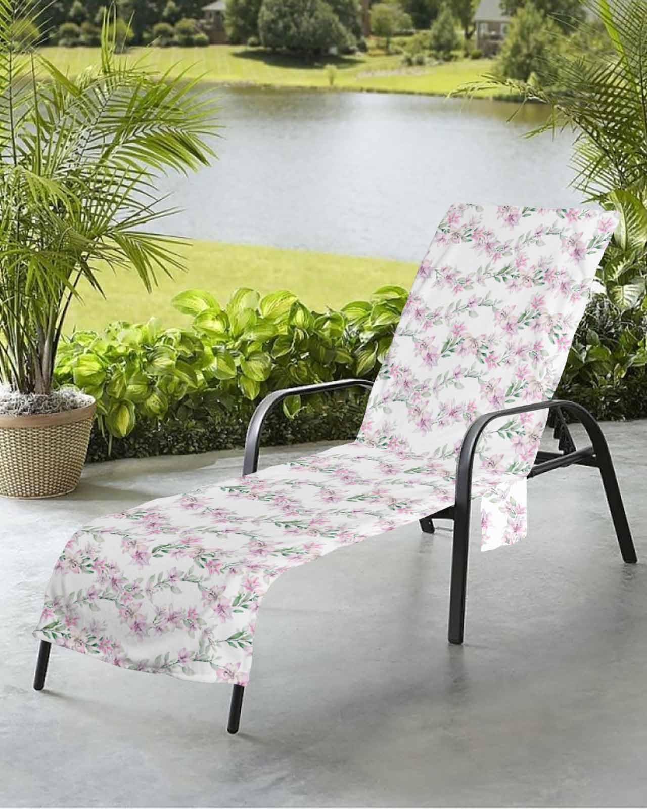 Beach Pool Patio Lounge Chaise Chair Cover Towel with Pockets,Watercolor Floral Absorbent & Quick Dry Microfiber Towel Cover Bag Summer Travel Accessories Spring Pink Flowers Sage Green Leaves