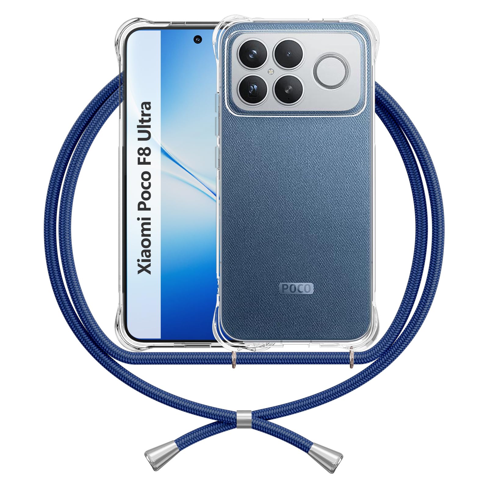 Etui kompatybilne ze sznurkiem Xiaomi Poco F8 Ultra, niebieskie | Etui na telefon ze smyczą, przezroczyste, silikonowe, odporne na uderzenia, poduszki powietrzne, wzmocnione rogi