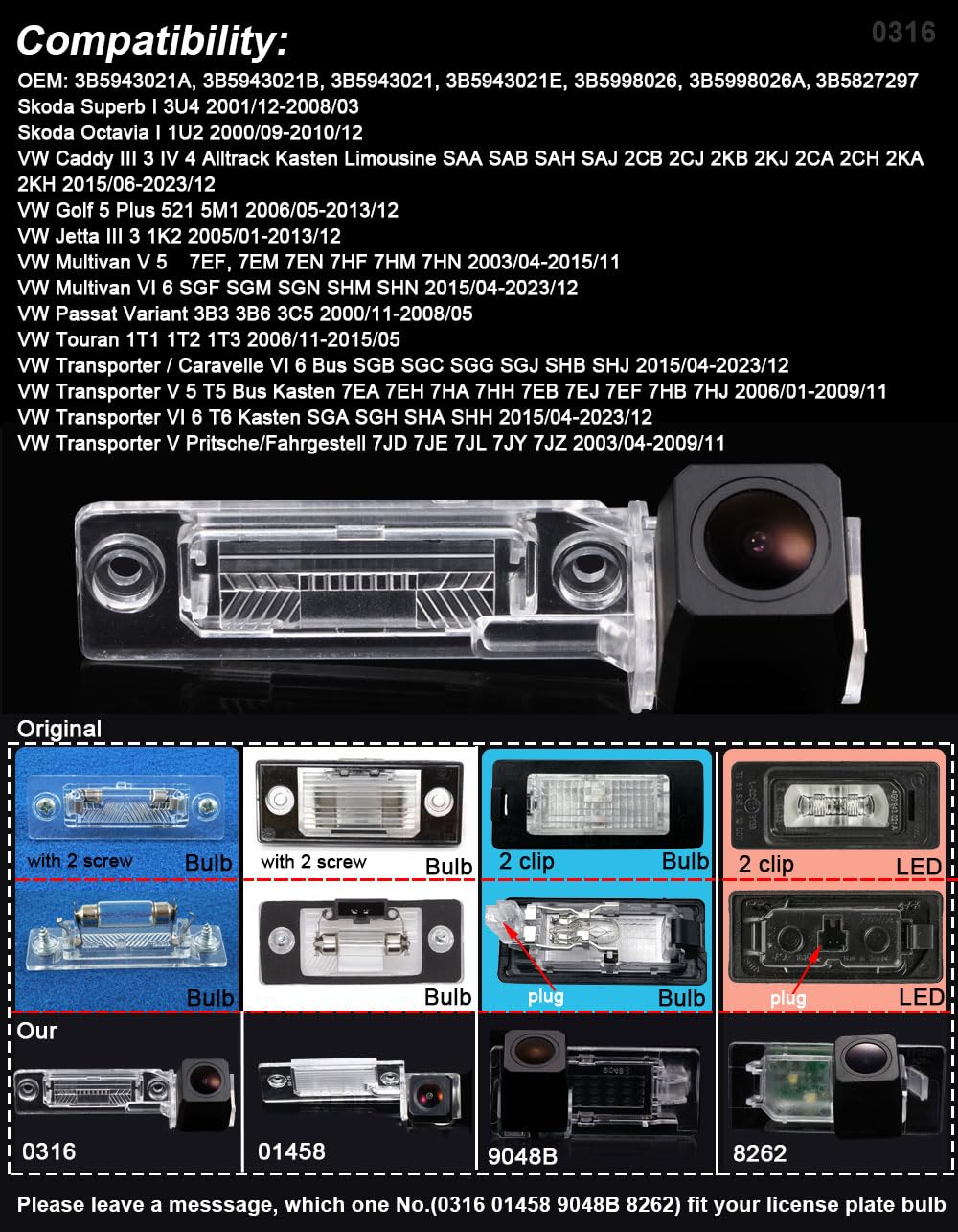 1280 x 720 pixel, telecamera posteriore CCD, visione notturna, impermeabile, IP68, ricambio per Skoda Superb/Octavia/Caddy/Golf 5 Plus/Jetta III/Multivan V5/Passat Variant/Transporter T5 T6