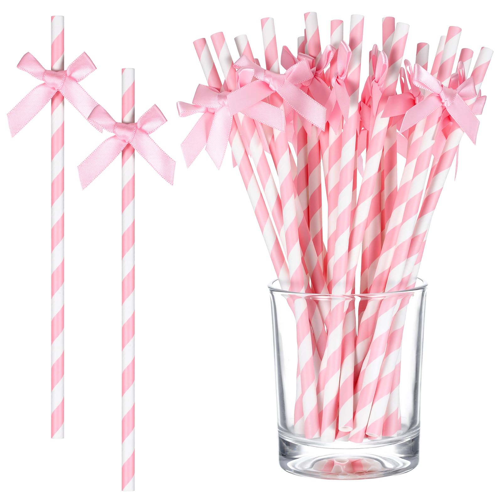 30pcs 7.7inch Pink Paper Straws, Disposable Cute Paper Straw, Pink Bow Straw, Wedding, Picnic, Birthday, Party Supplies for Juice Coffee Tea Cocktail Milkshake