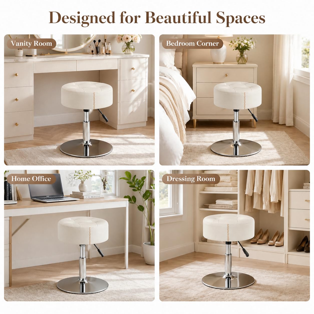LUE BONA Tabouret pivotant à 360° pour salle de maquillage, tabouret réglable en hauteur avec rangement, petit tabouret de coiffeuse en velours gris pour salle de bain, salon