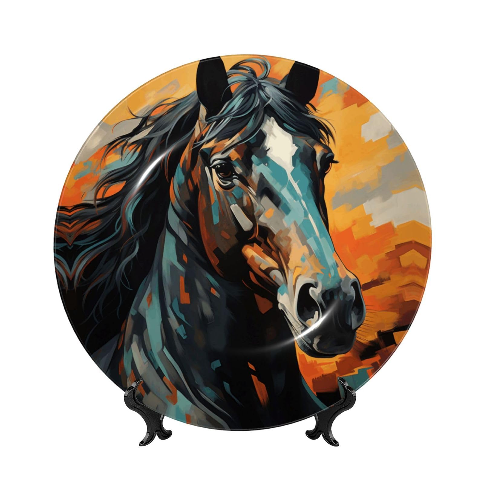 SXZVVBN Painting of a Horse Bone China Decorative Plate Art with Stand Removable Adhesive Hanging for Home Office 7in