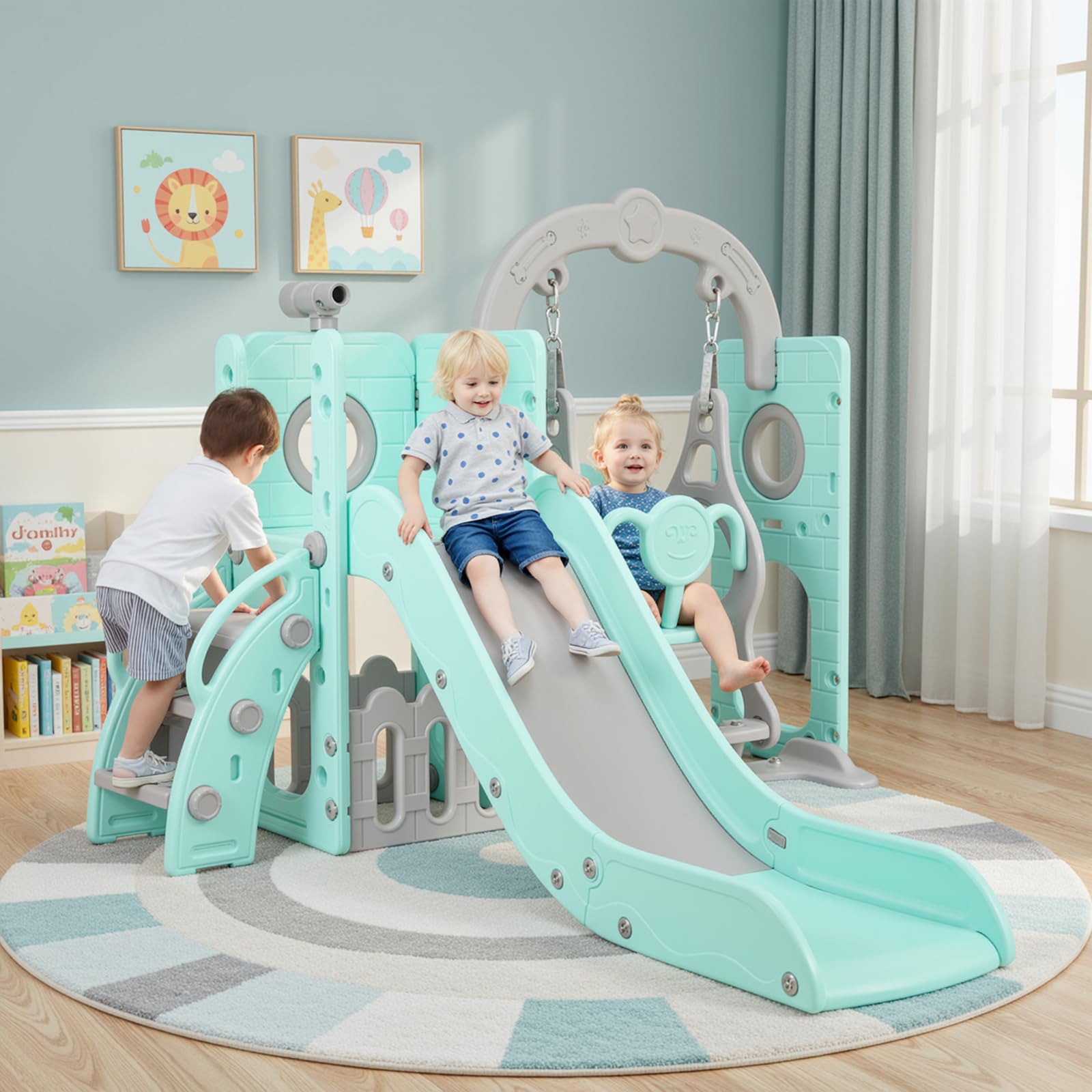 Tobogán y Columpio, Parque Infantil 5 en 1, con Tobogán Largo, Columpio, Escalada, Telescopio de Juego, Almacenamiento, Tobogán para Interior y Exterior, Juego de Tobogán para Bebé, Verde Gris